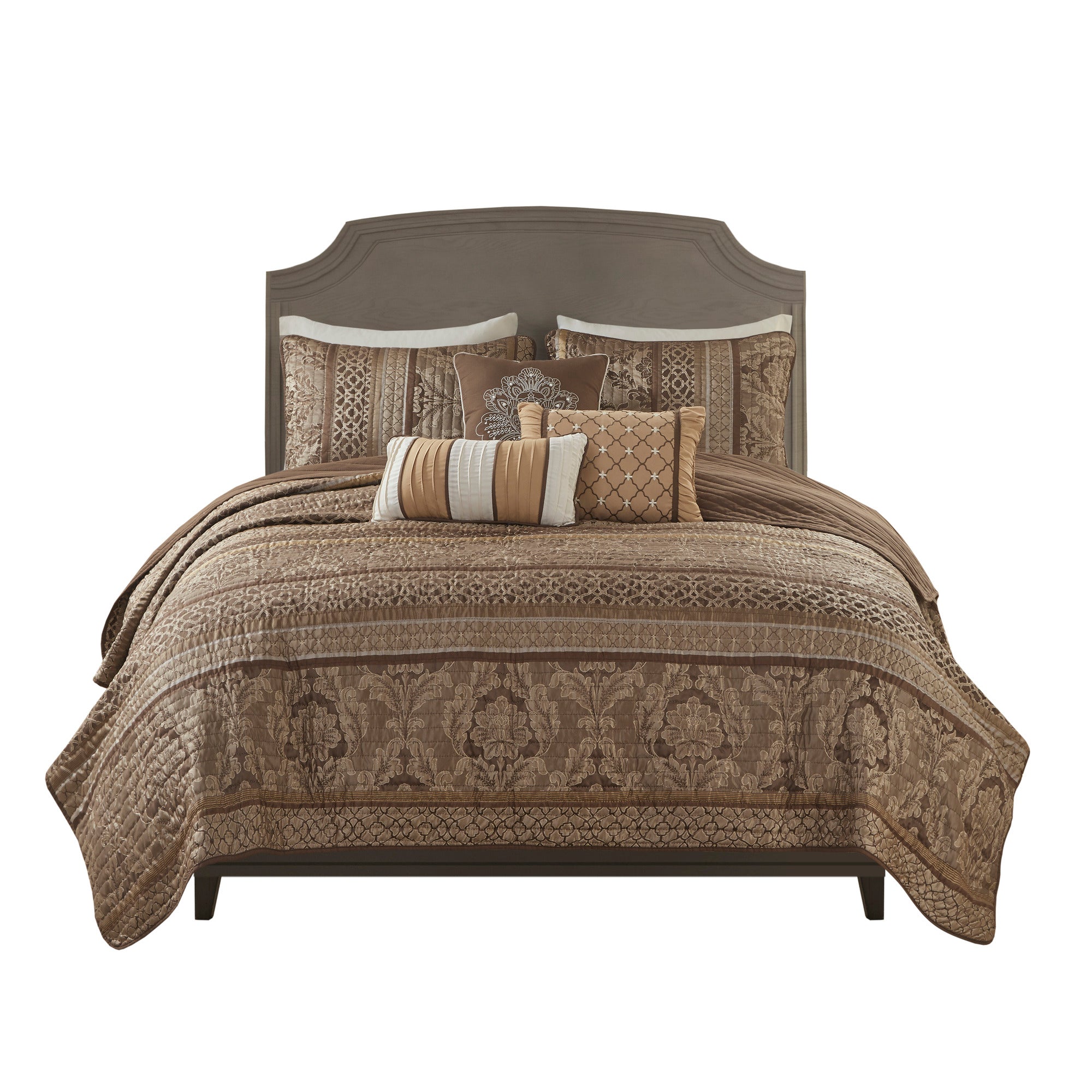 6 Piece Jacquard Quilt Set with Throw Pillows Brown/Gold King/Cal King