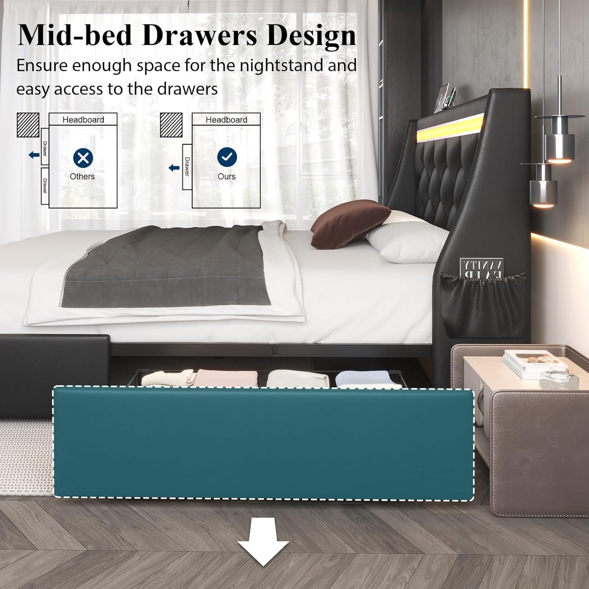 Queen Size Bed Frame with Wingback Upholstered Diamond Headboard