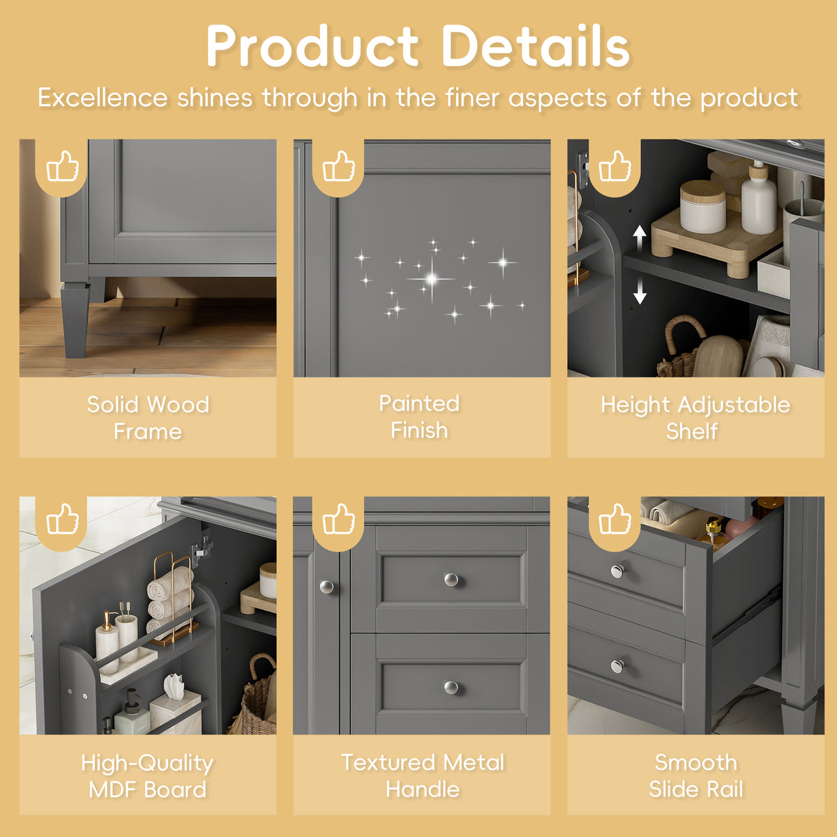 36-Inch Bathroom Vanity with Ceramic Sink, Grey, Modern Storage Cabinet