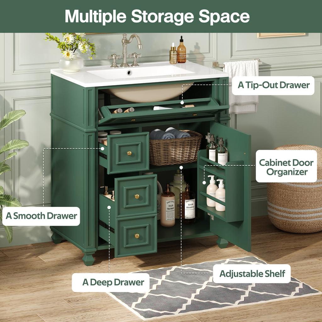 Bathroom Vanity Cabinet with Ceramic Sink Basin - 30 Inch