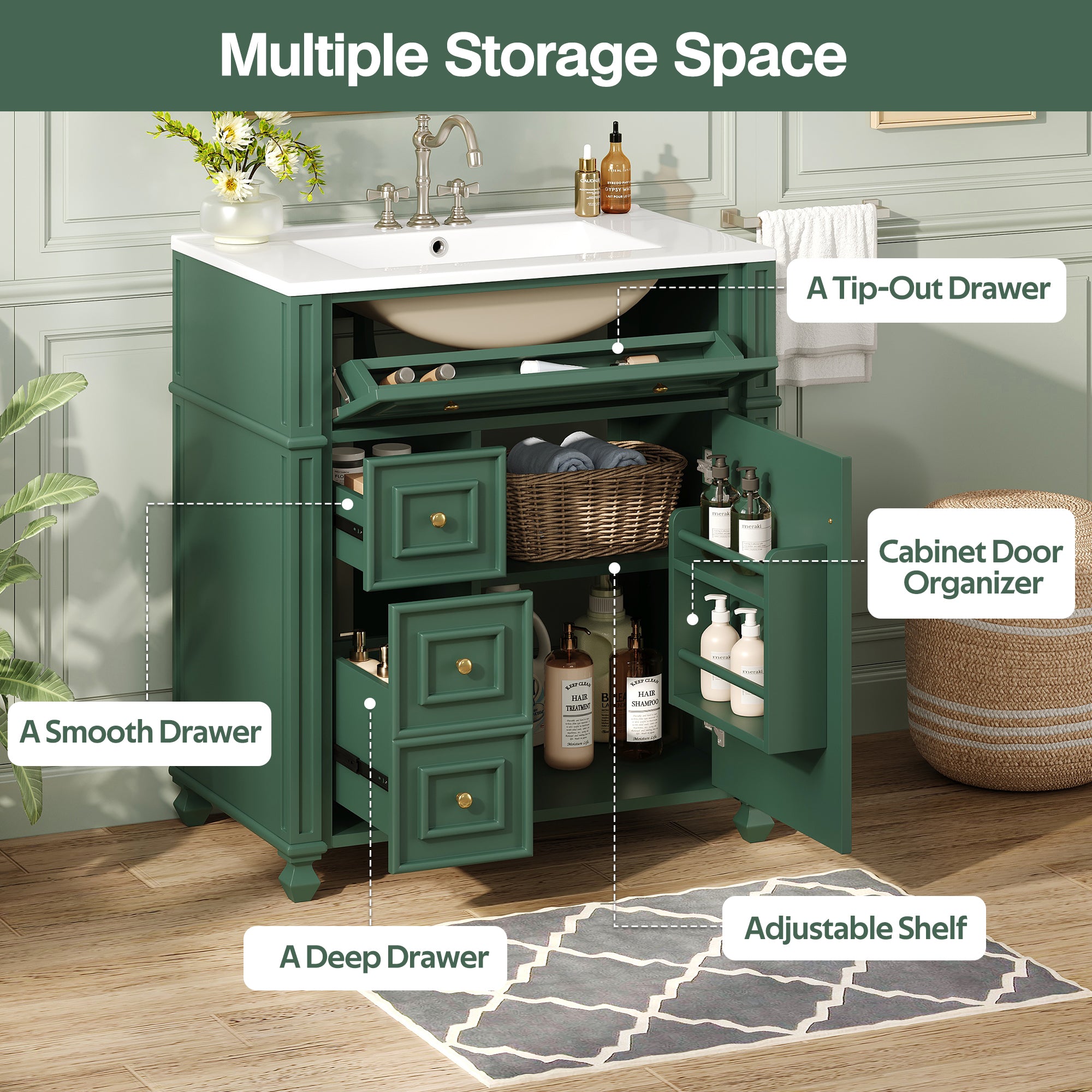 Bathroom Vanity Cabinet with Ceramic Sink Basin - 30 Inch