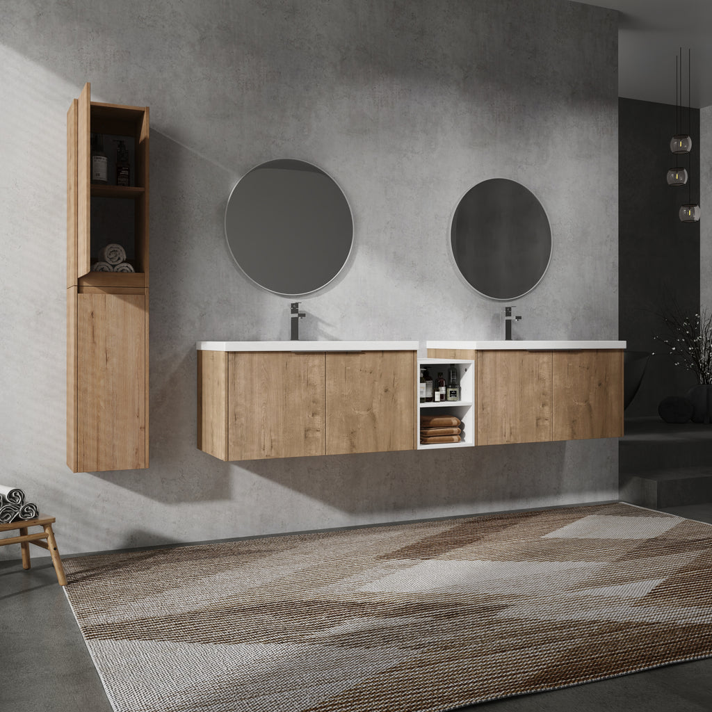 84" Wall-Mounted Bathroom Vanity With Sink and Side Cabinet