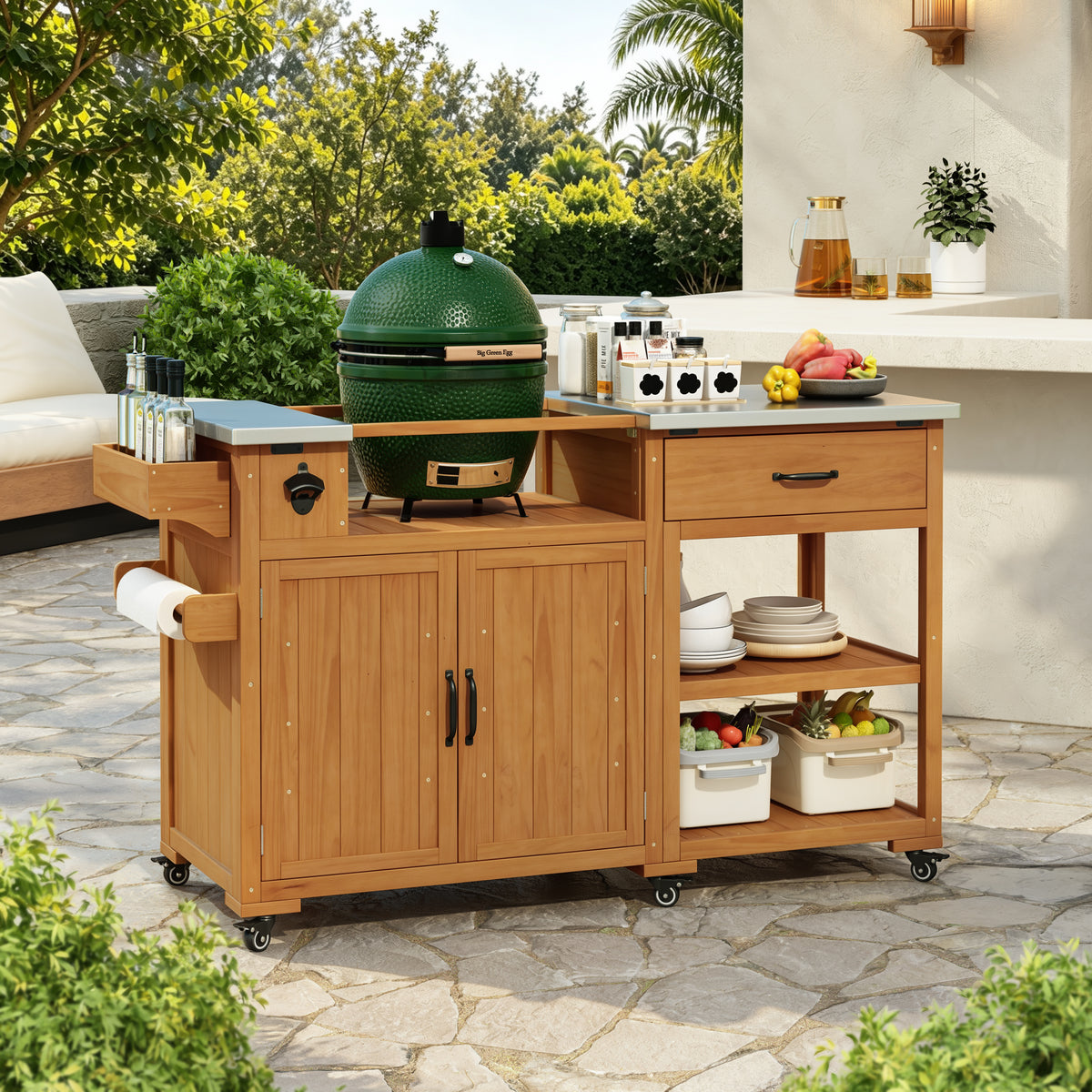 TOPMAX 55.4-Inch Outdoor Wood Kitchen Cart with Stainless Steel Top, Natural