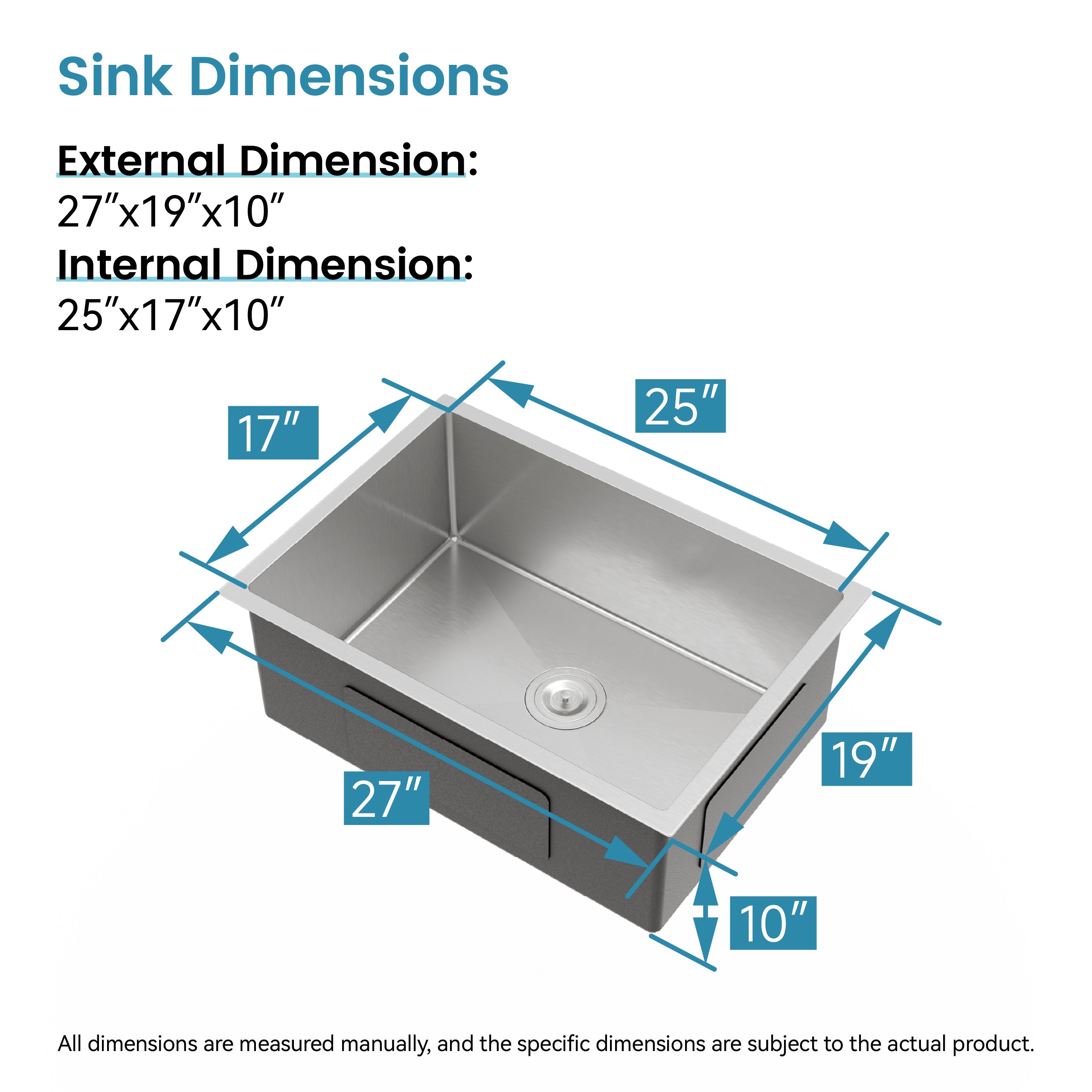 Stainless Steel Kitchen Sink - 27"x19" Undermount