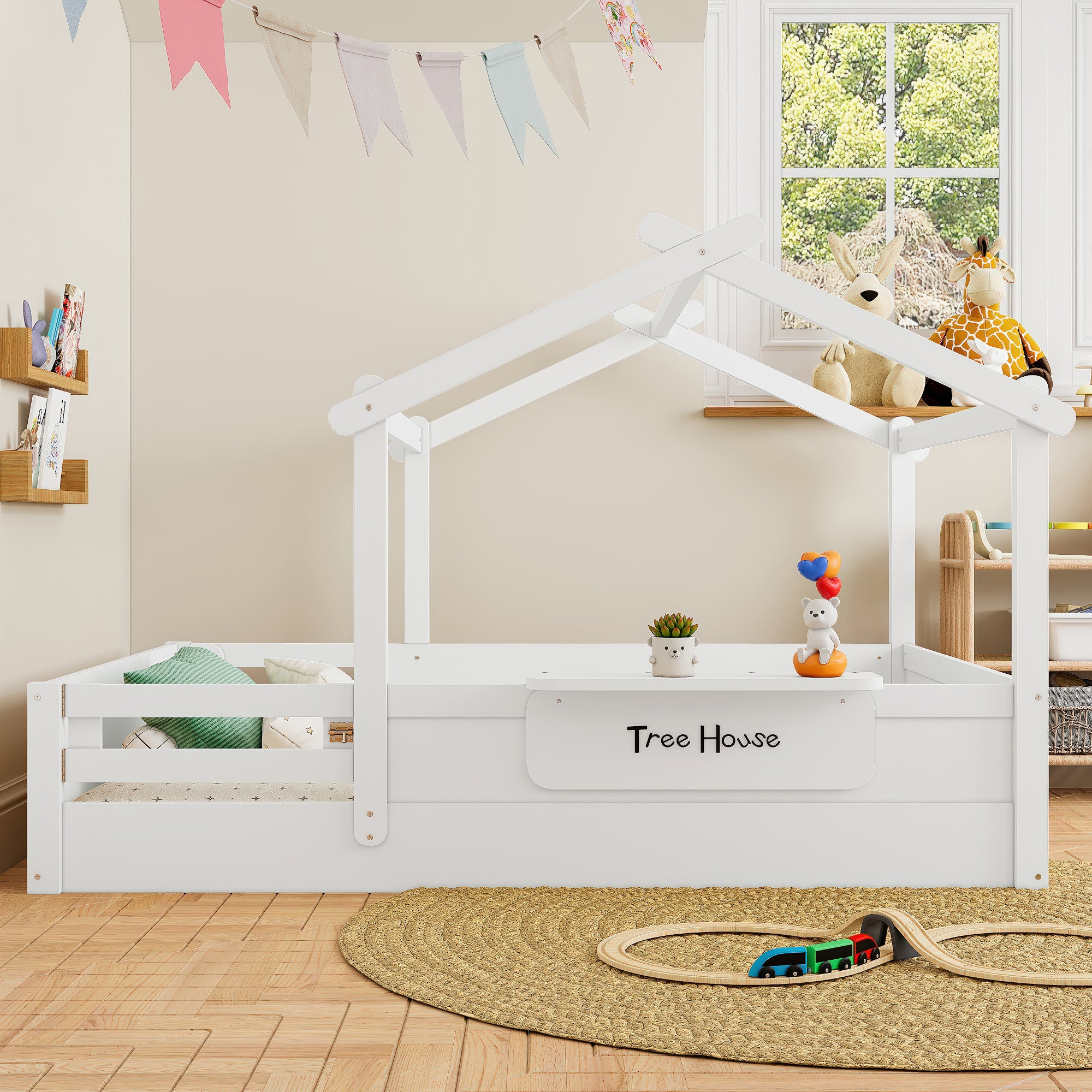 Full Size Floor Bed with Guardrails and Roof for Kids