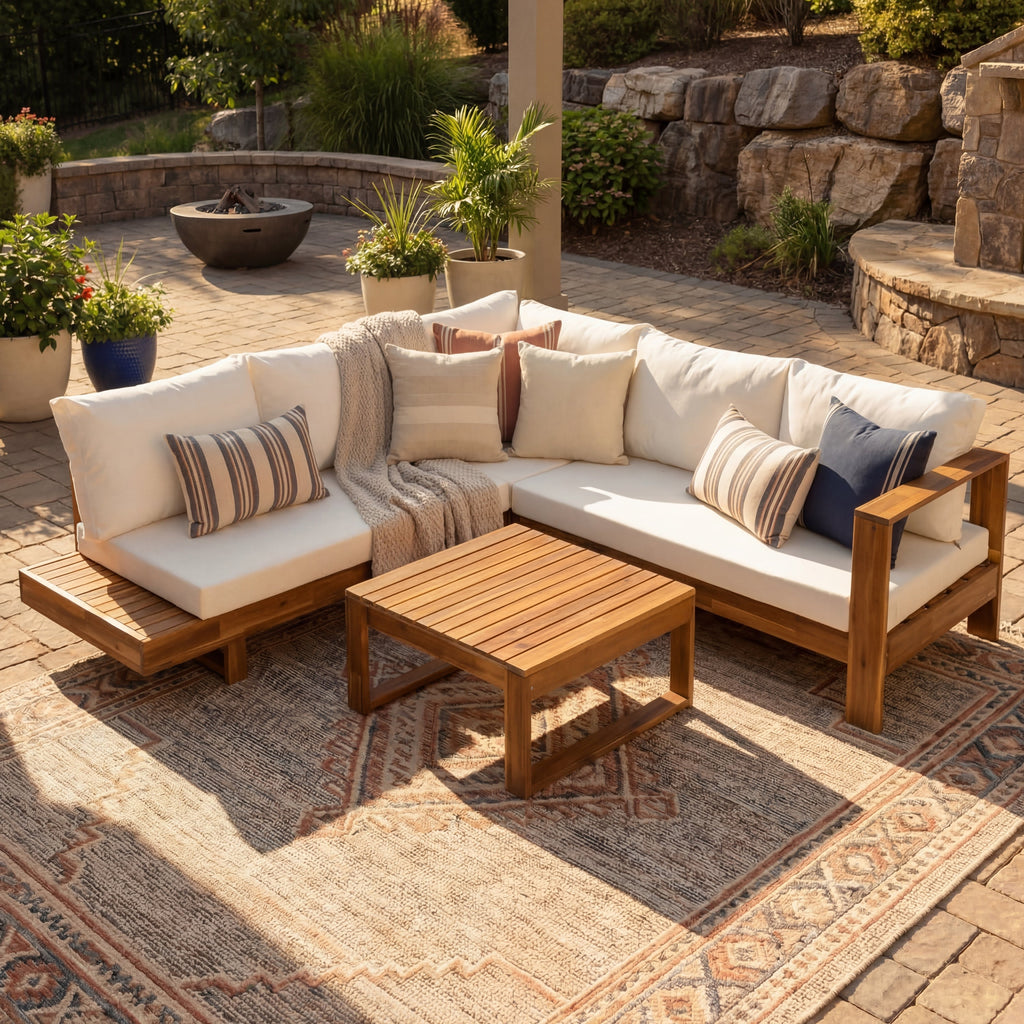Outdoor 4pc Acacia Wood Sectional Patio Sofa Set