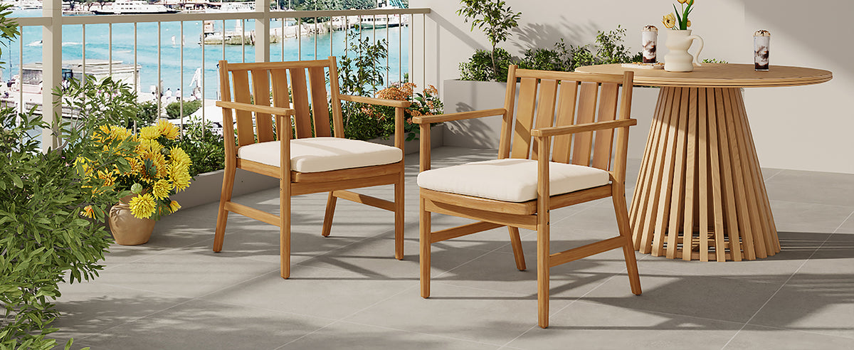 2-Piece Outdoor Acacia Wood Arm Dining Chairs with Removable Cushions