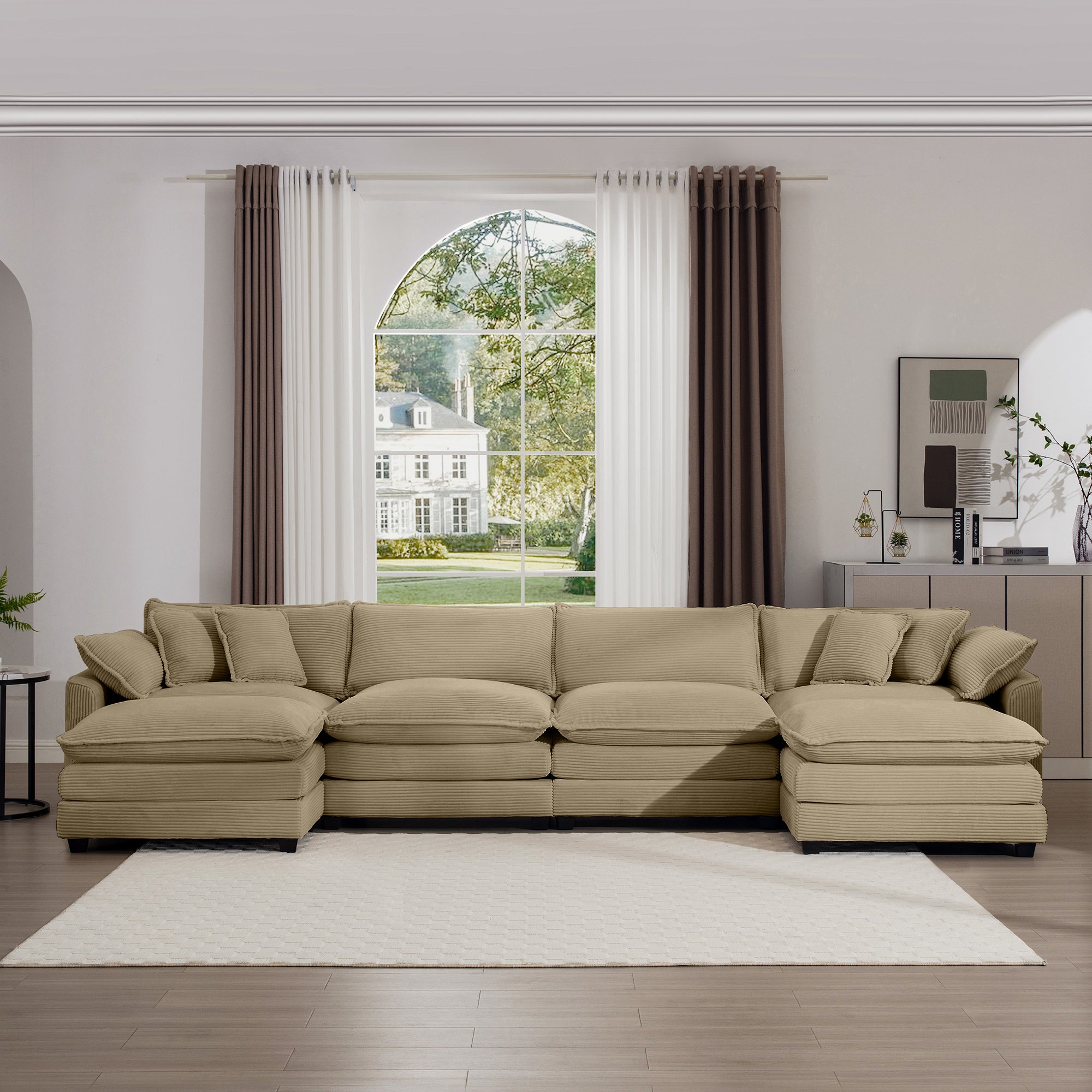 Corduroy Sofa - Modern Upholstered 4 Seater with Footstools
