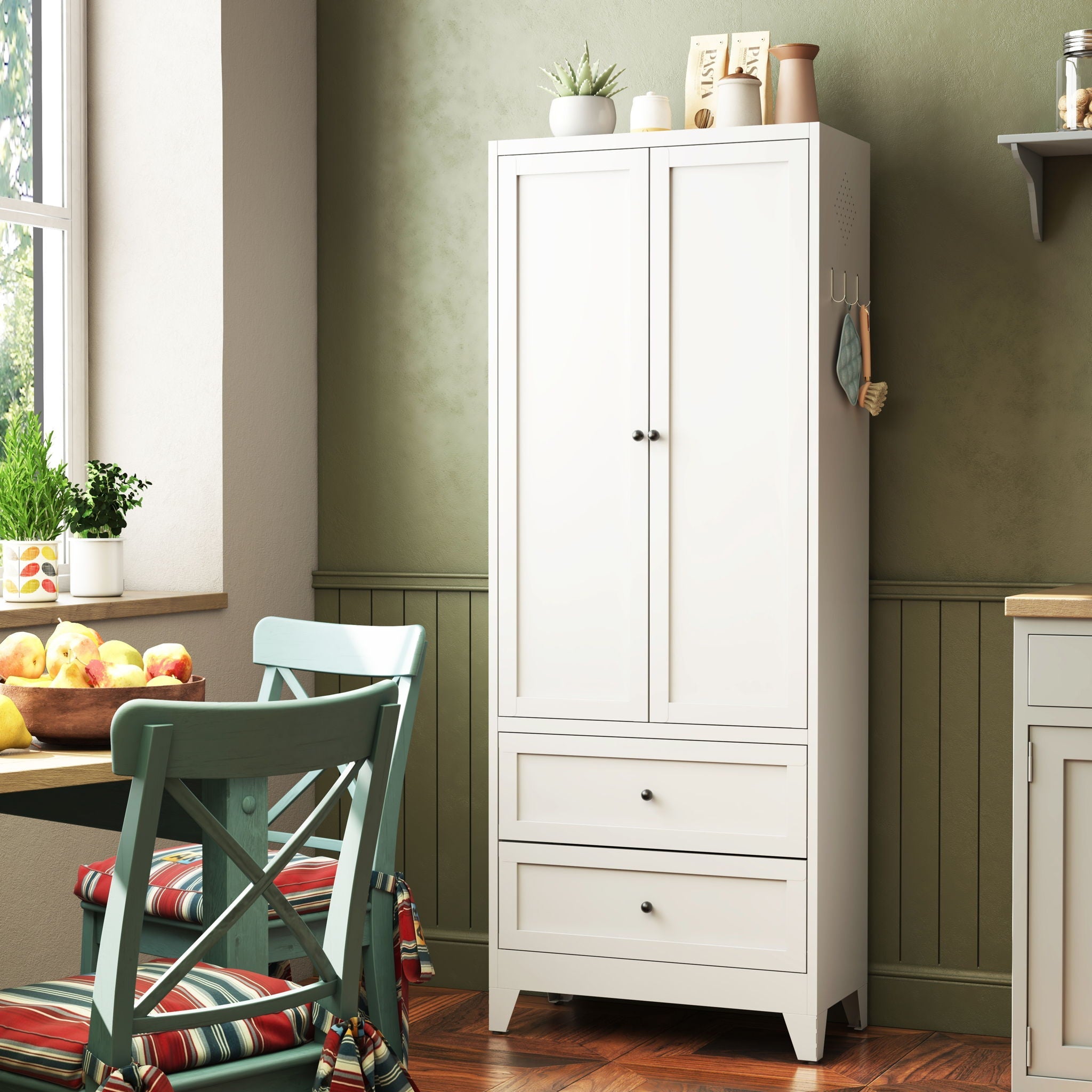 Pantry Cabinet With 2 Drawers, Adjustable Shelves, Freestanding Kitchen Storage Organizer - White