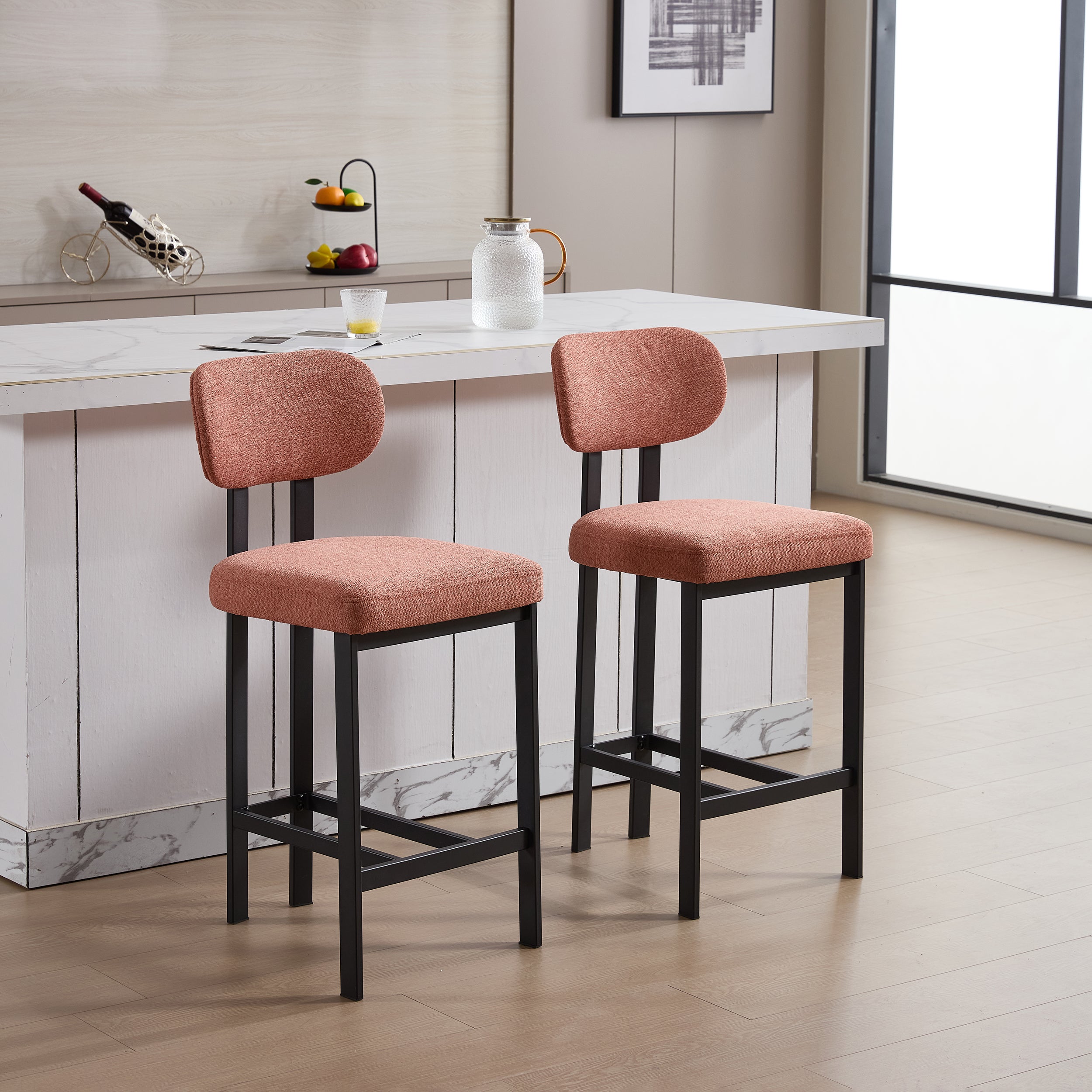 Bar Stools Set of 2, 26 Inch Modern Upholstered Fabric Counter Height Barstools