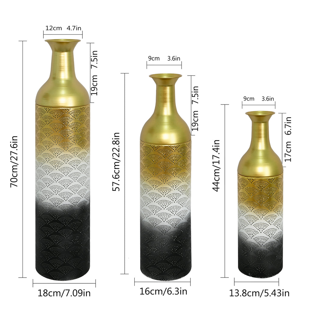 Decorative Metal Vases Set of 3, Leaf Pattern Floor Vases