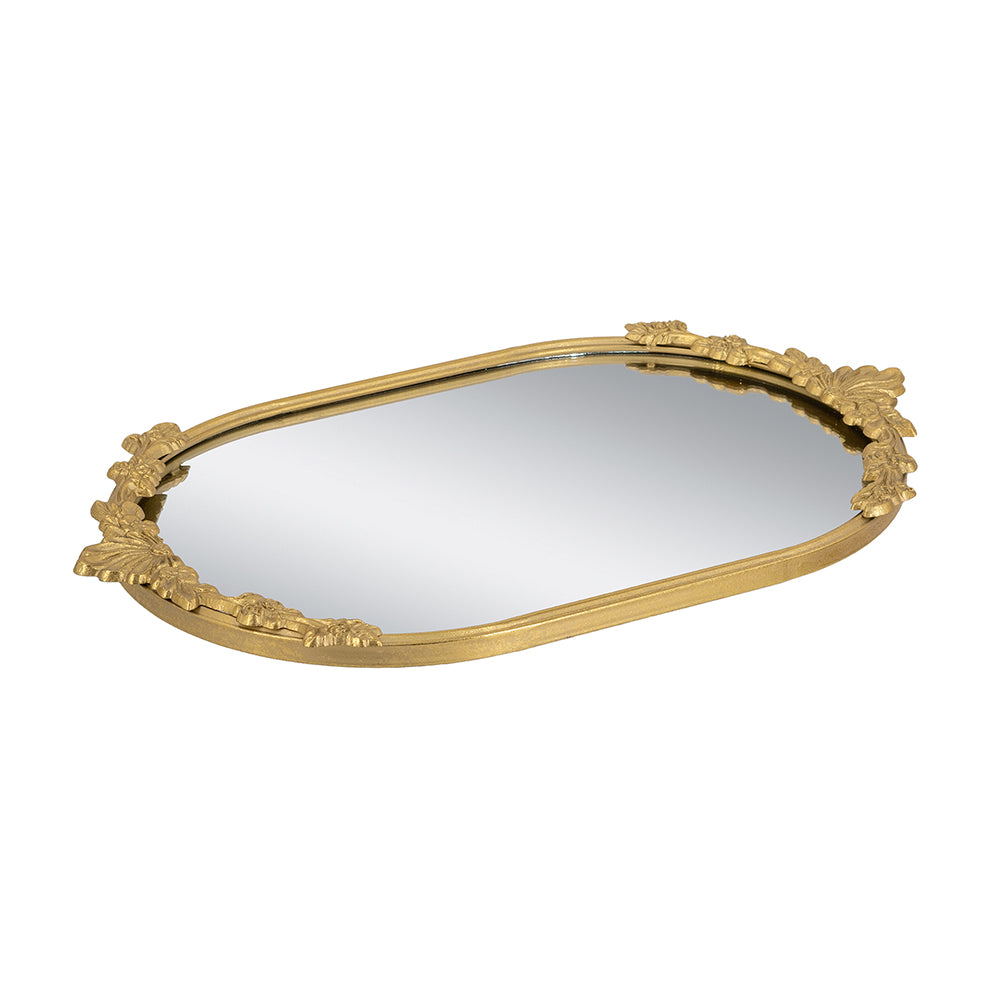 Decorative Mirror Tray with Gold Iron Frame and Floral Accents, 22.7-Inch