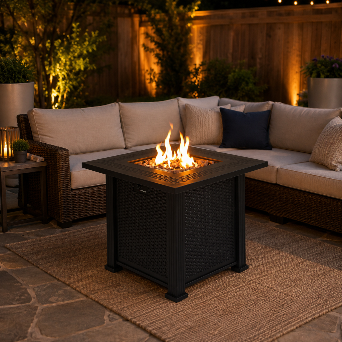 27.95-Inch Modern Outdoor Fire Pit Table with Lava Rocks, Black Steel