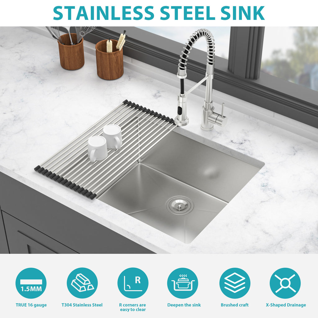 25 Inch Undermount Kitchen Sink - 16 Gauge Stainless Steel