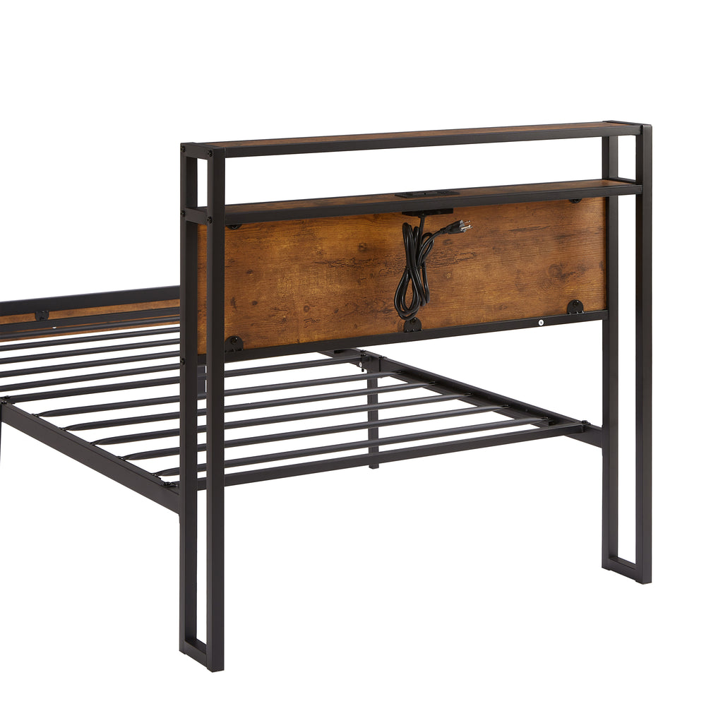 Twin Size Metal Platform Bed Frame with Wooden Headboard