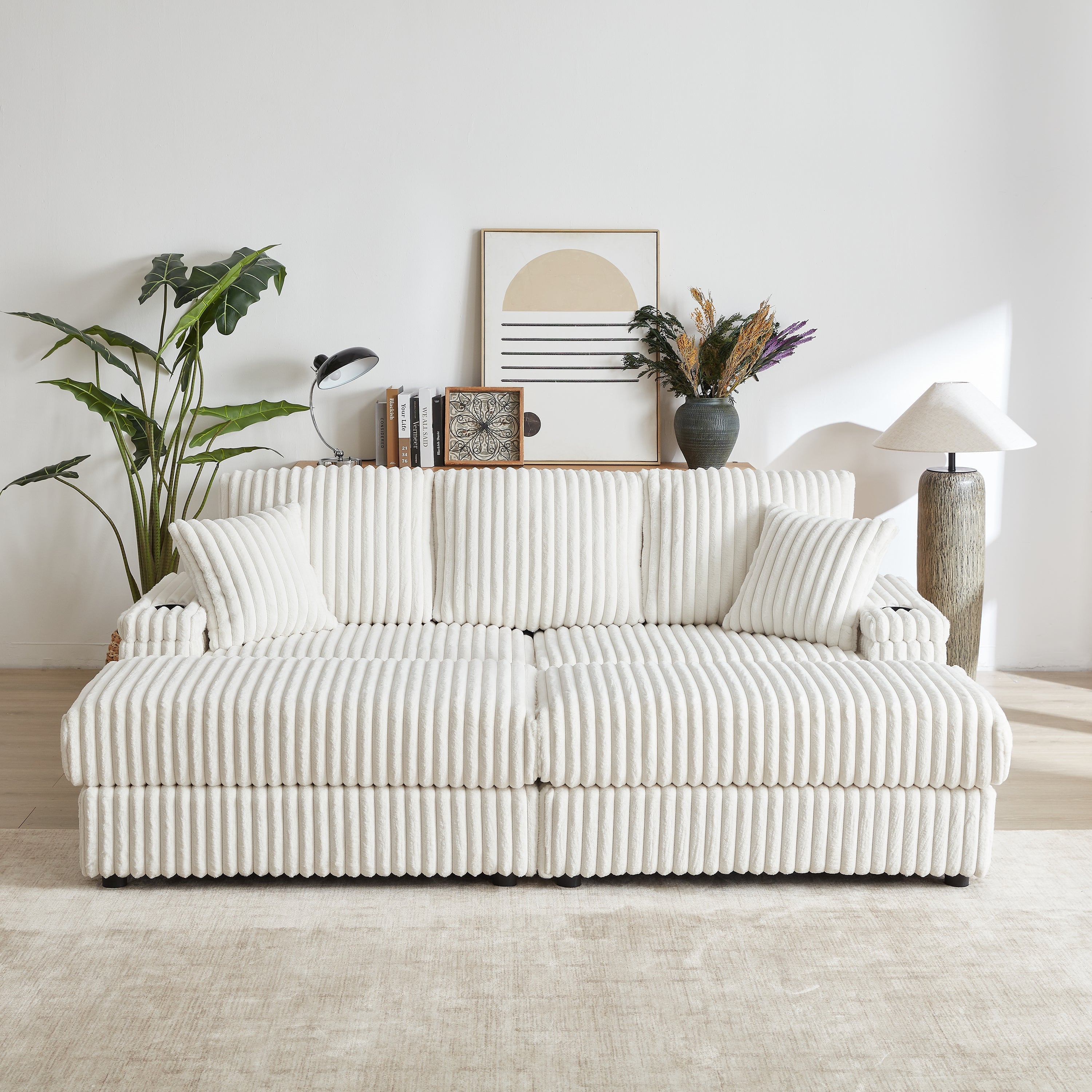 84-Inch Corduroy 3-Seater Sofa with Pillows and Ottomans