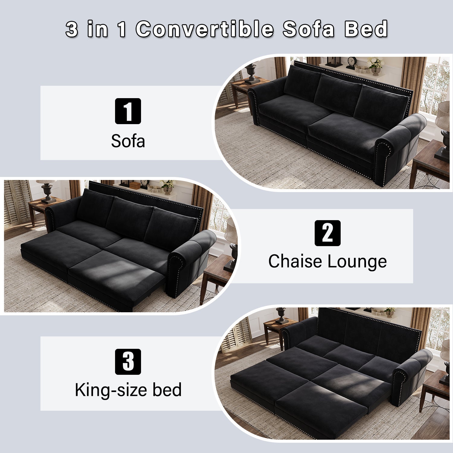 Chesterfield Sofa Bed – 3-in-1 Velvet Convertible Sleeper