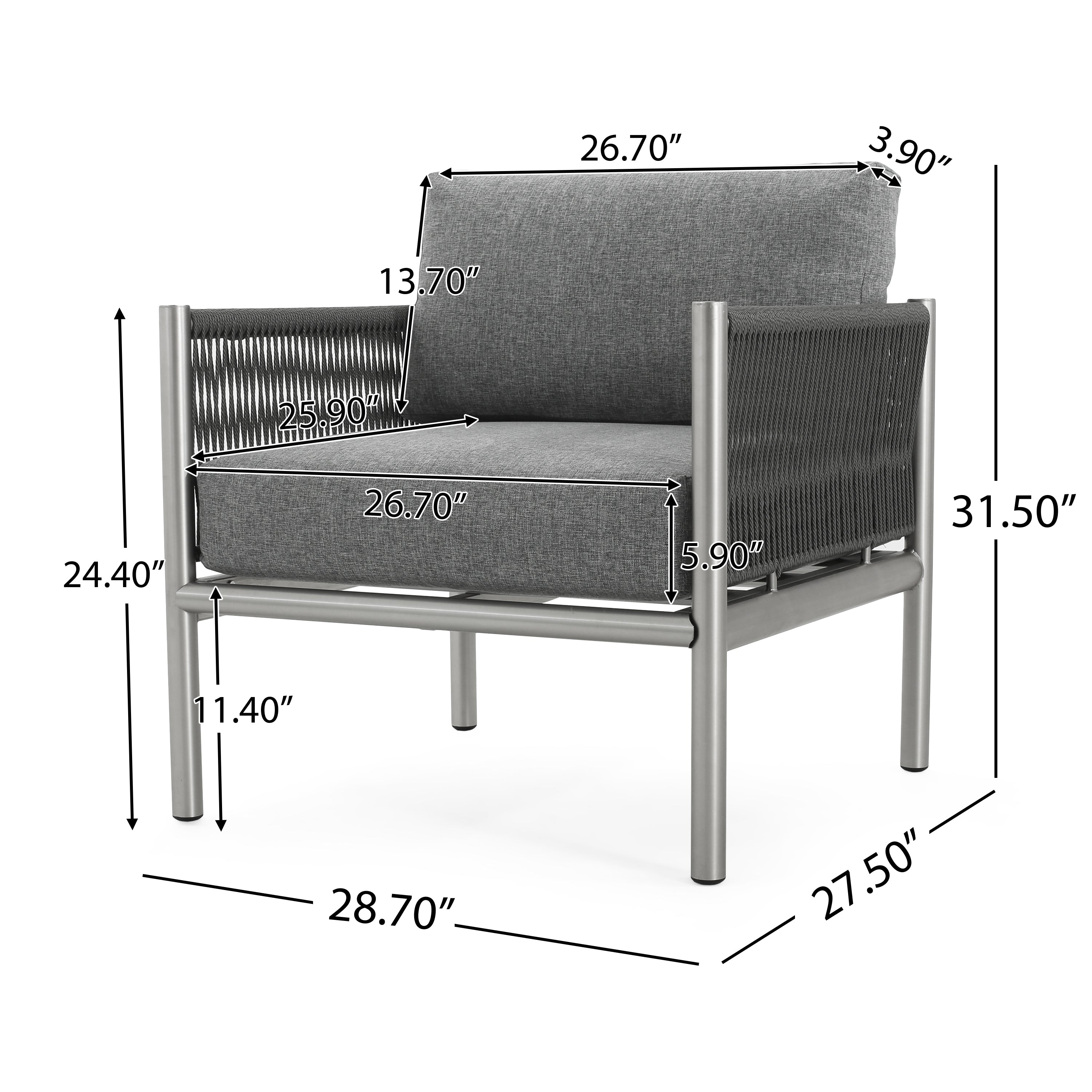 Hargrove Club Chair Stylish Aluminum Frame Braided Rope Sofa Silver Grey