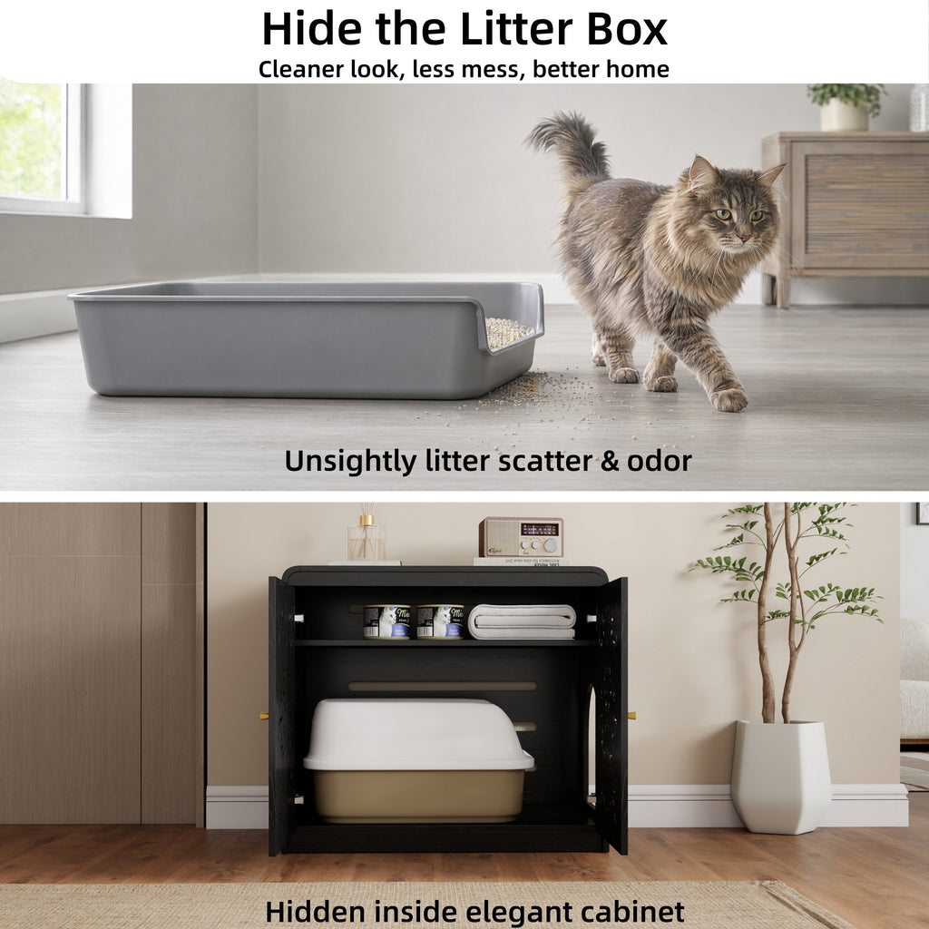 Black Hollow‑Carved Cat Litter Box Enclosure Cabinet, Multi‑Purpose Sideboard with Vent & Large Cat Entry for Living Room & Entryway. Note: Litter box and cat mat not included.