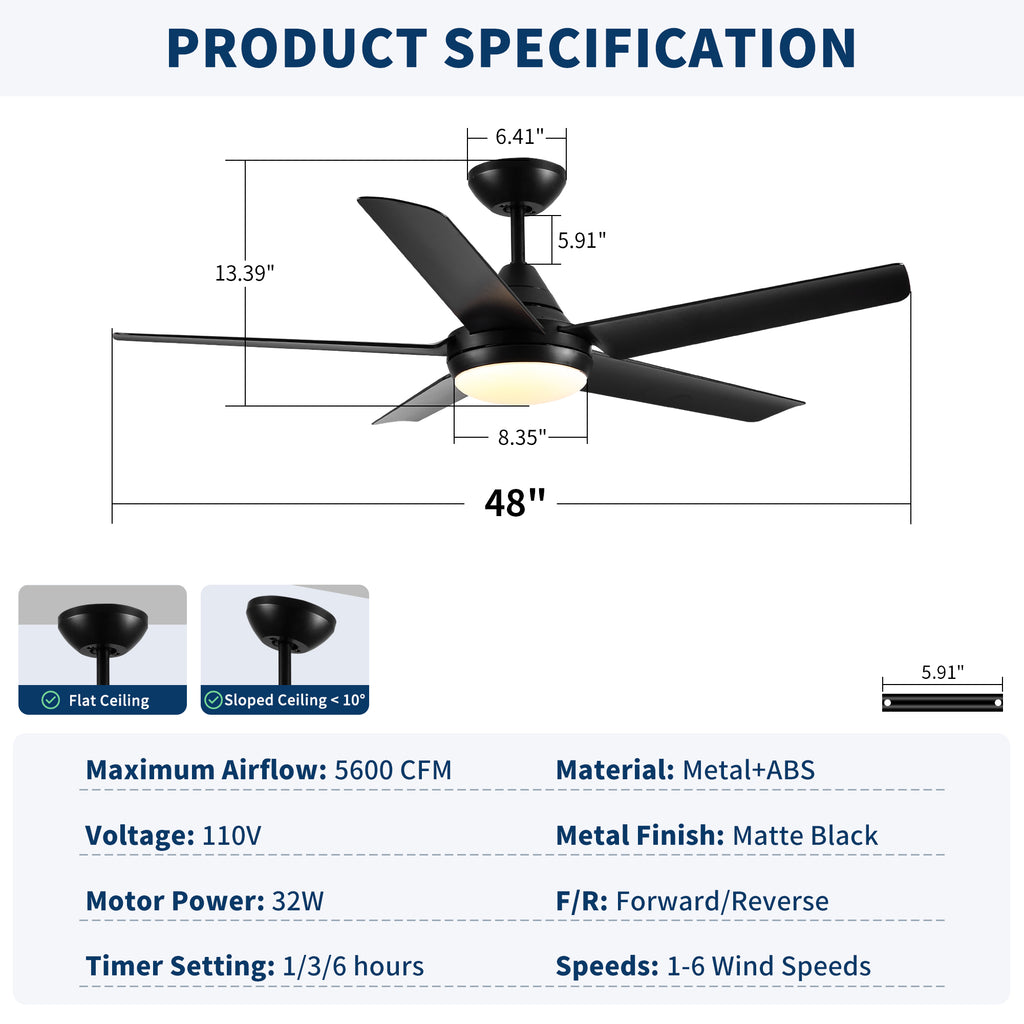 48" Ceiling Fan with Lights and Remote Control, Matte