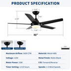 48" Ceiling Fan with Lights and Remote Control, Matte