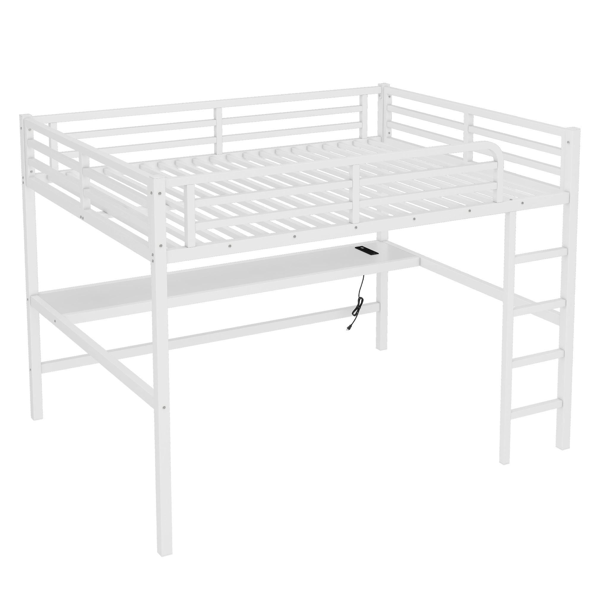 Metal Queen Size Loft Bed with Power Outlet and LED Lighting