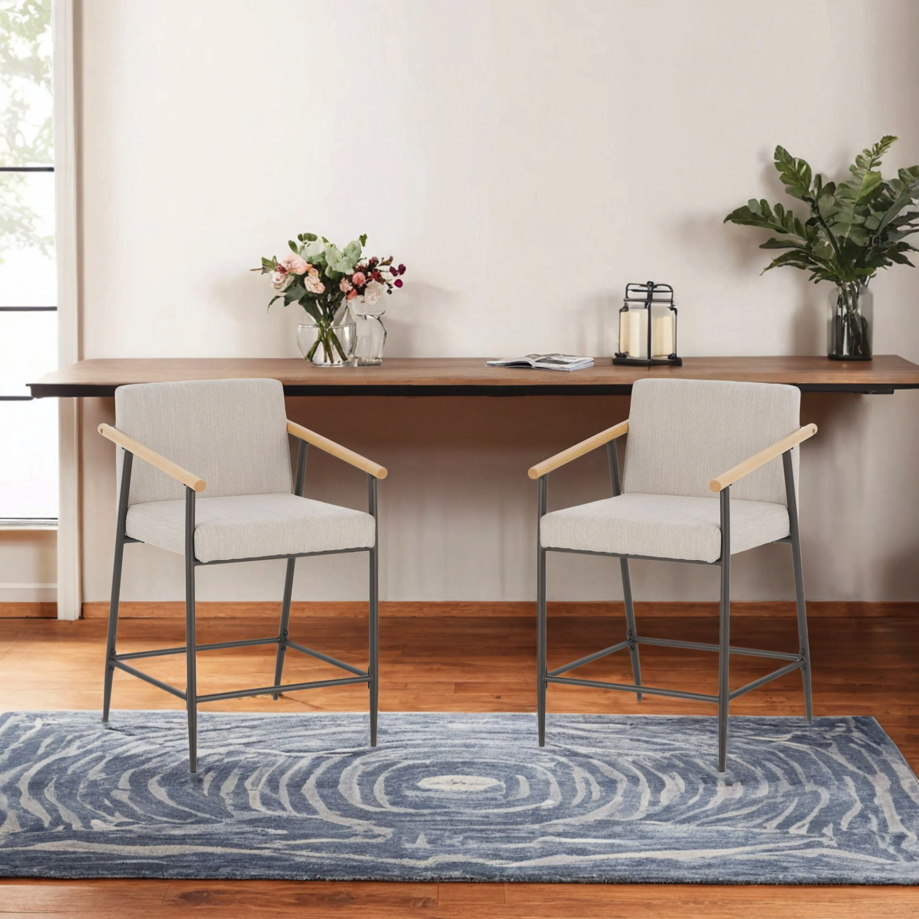 Counter Stool with Iron Frame - Set of 2 - Espresso + Beige