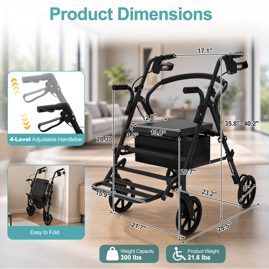 Rollator Walker with Seat for Seniors, 2-in-1 Combo, 8-Inch Wheels, Black