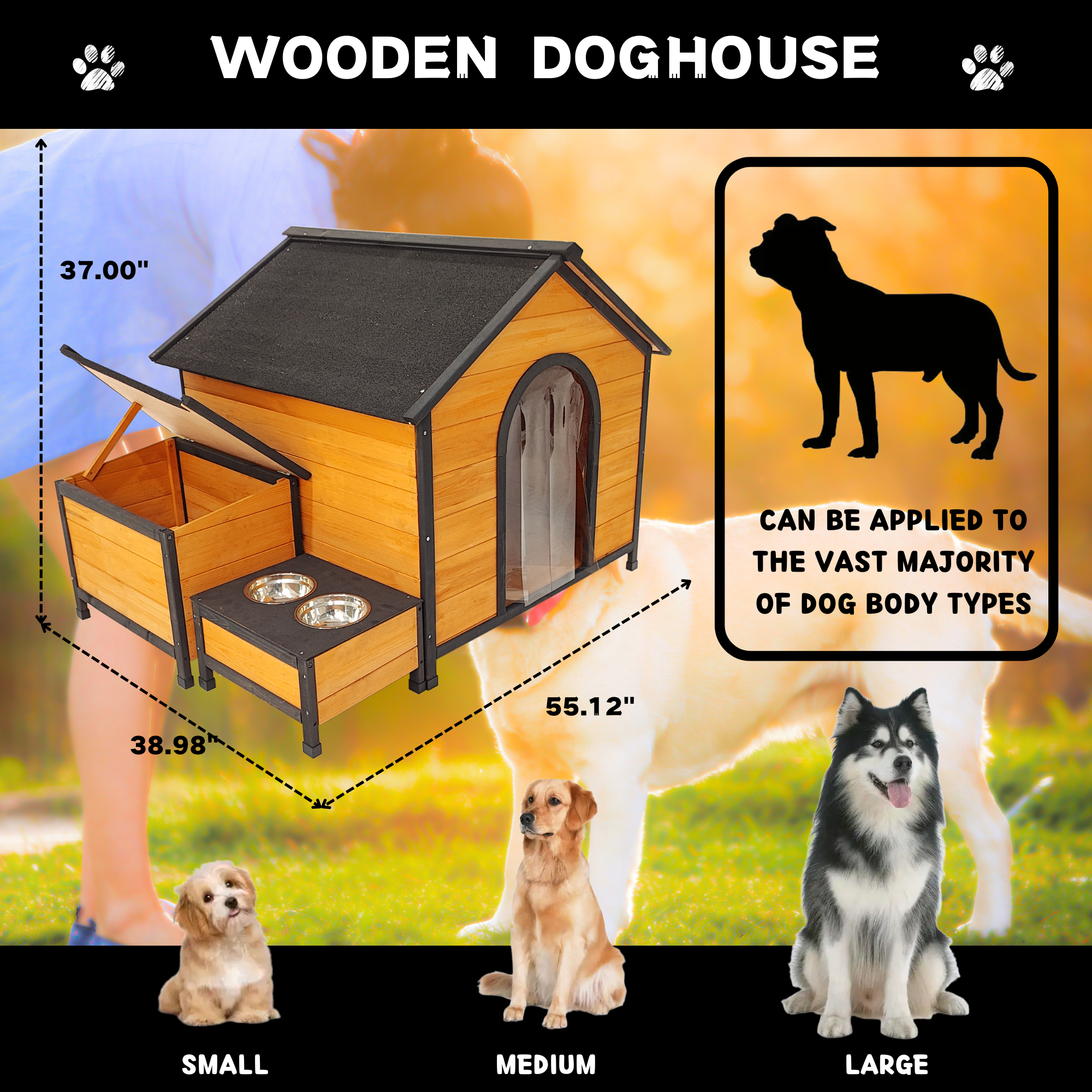 Wearable and Strong Wooden Dog House with Metal Bowls and Toy Box