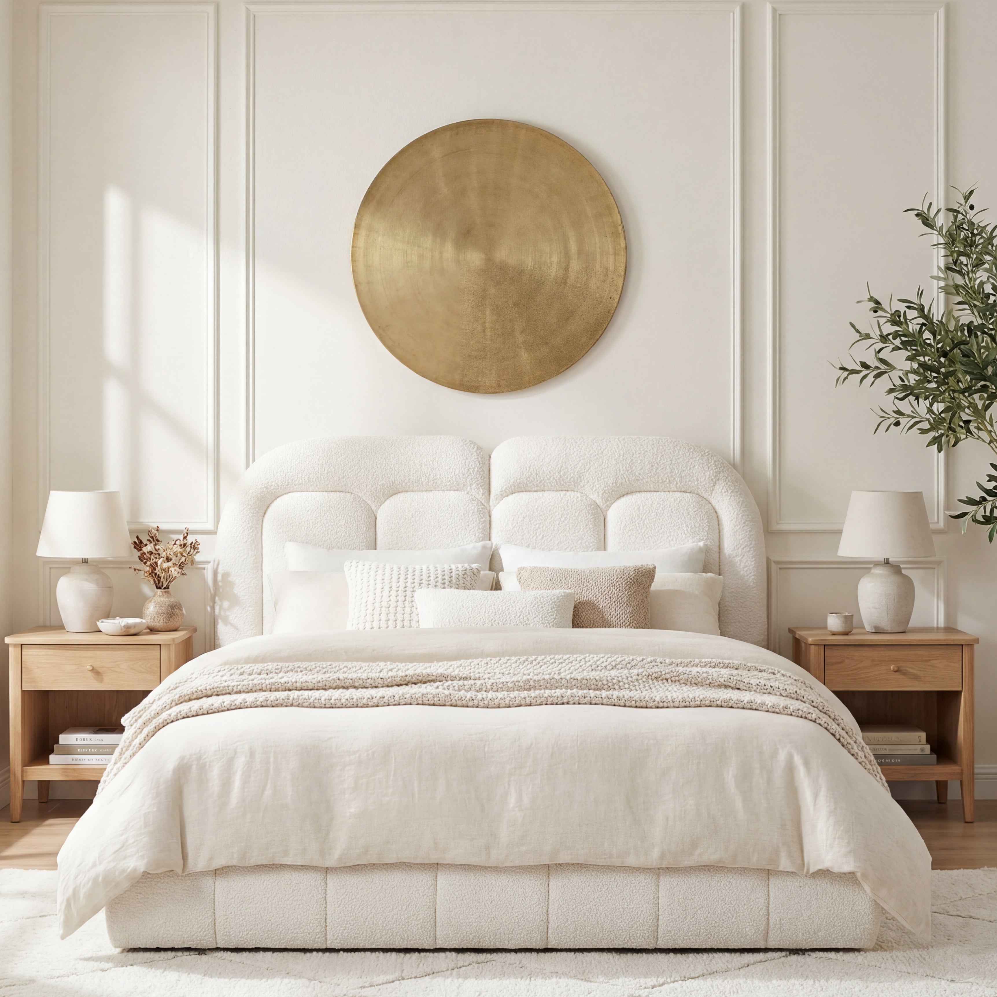 Queen Size Boucle Upholstered Platform Bed with Tufted Headboard