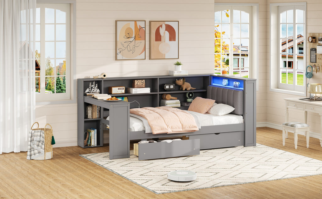 Wood Twin Size Platform Bed with Storage Shelves and Charging Station