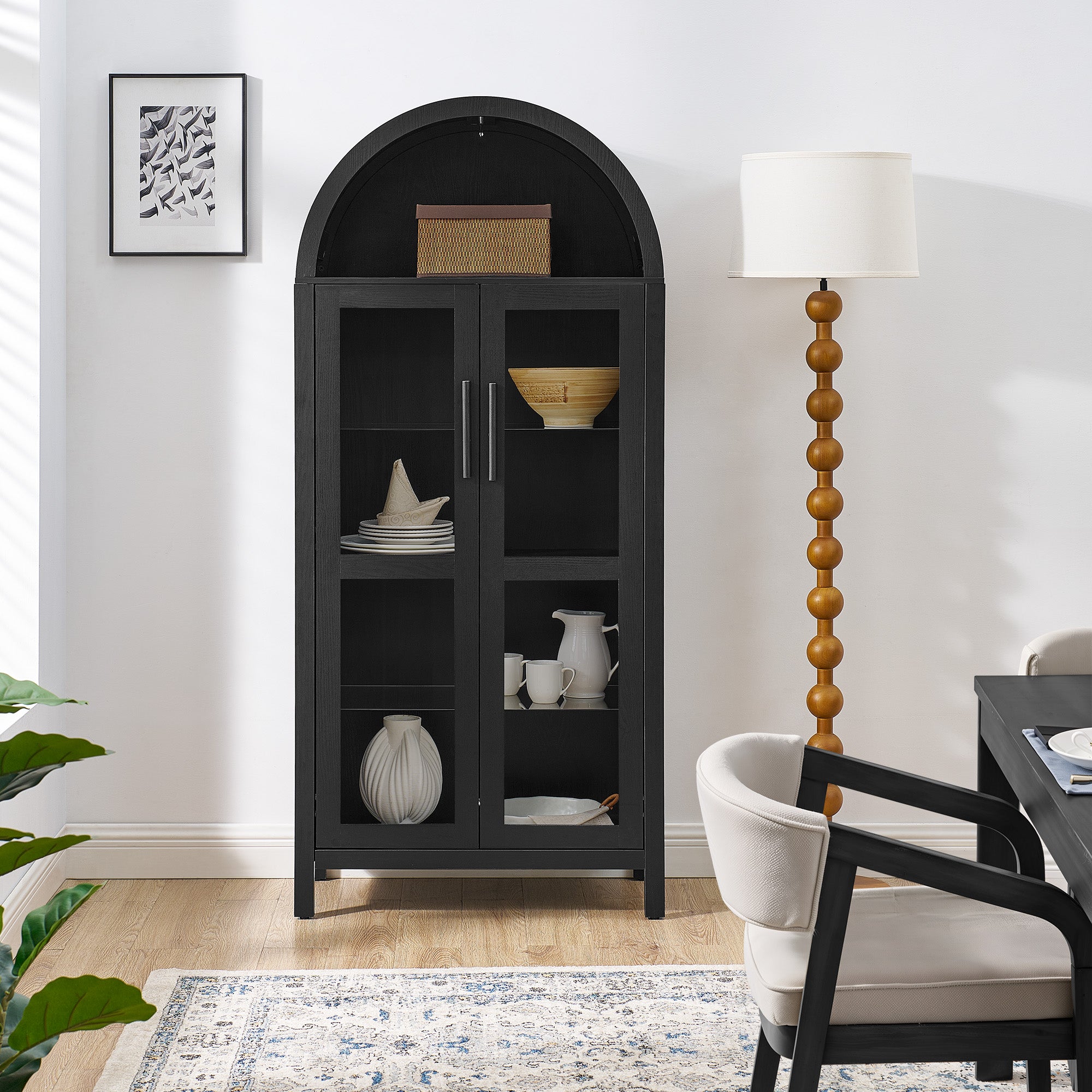 High Arched Storage Cabinet with Lamp - Black
