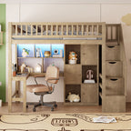Wood Twin Size Loft Bed with Built-in Desk, LED, Storage Shelves, Cabinets and Staircase