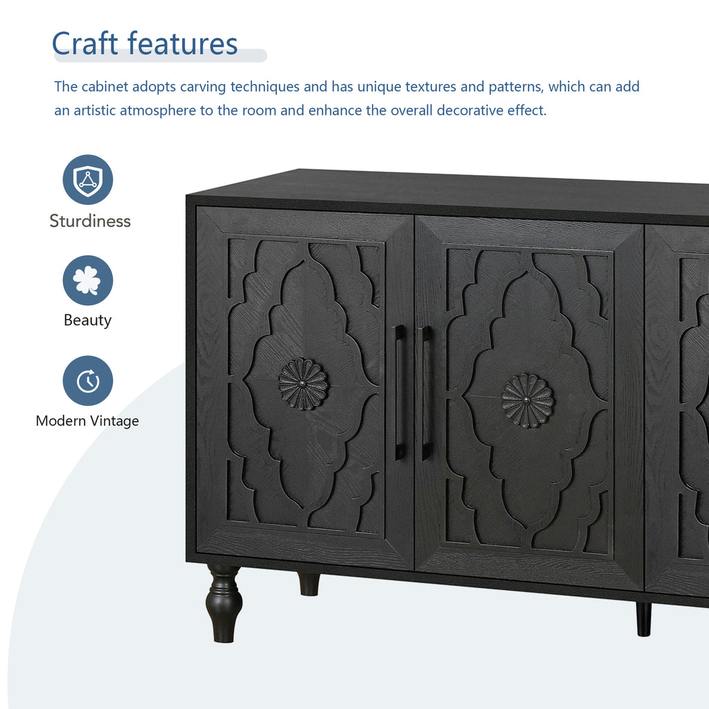 Carved Flower Door Large Storage Cabinet With Metal Handle
