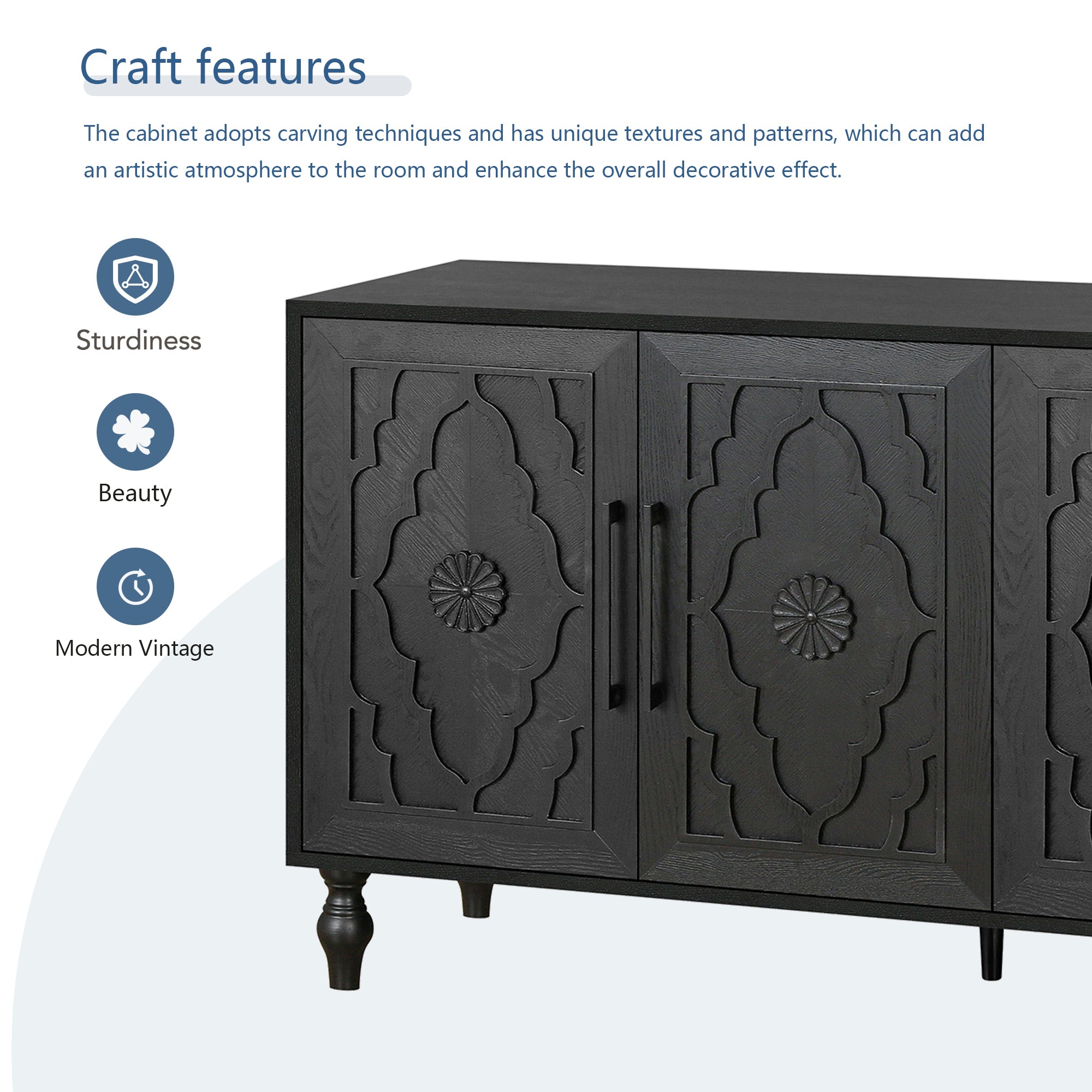 Carved Flower Door Large Storage Cabinet With Metal Handle