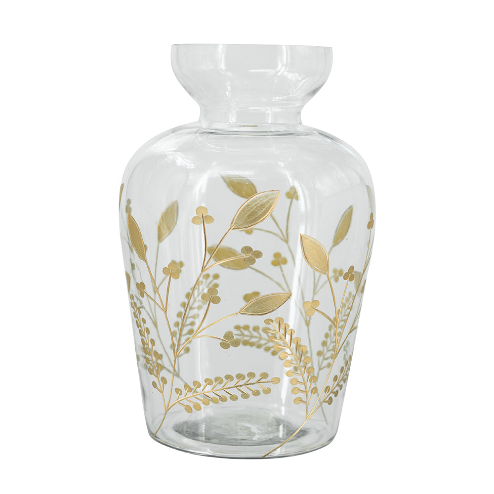 Curved Glass Accent Vase, 12.6-Inch Tall, Multicolor with Gold Floral Motifs