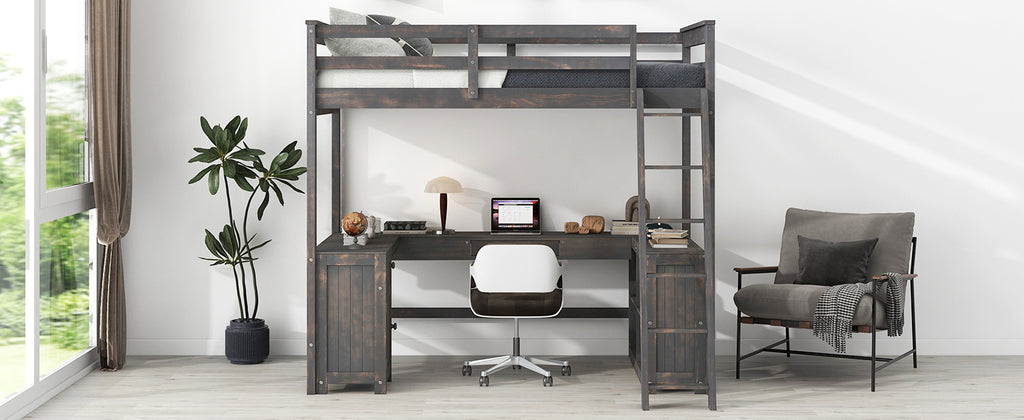 Full Size Loft Bed with U-shaped Desk, Drawers and Storage Shelves