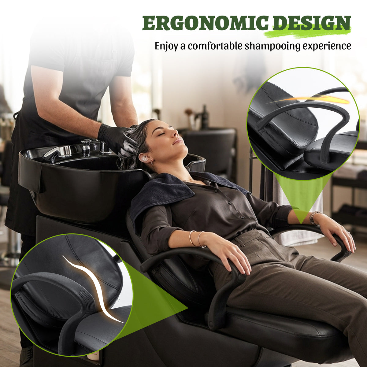 Shampoo Bowl and Chair Set for Salon, Hair Washing Station with ABS Sink & PU Leather Chair, Ergonomic Chair with Neck Rest, Side Storage, Hot/Cold Faucet & Sprayer for Spa Barbershop Beauty