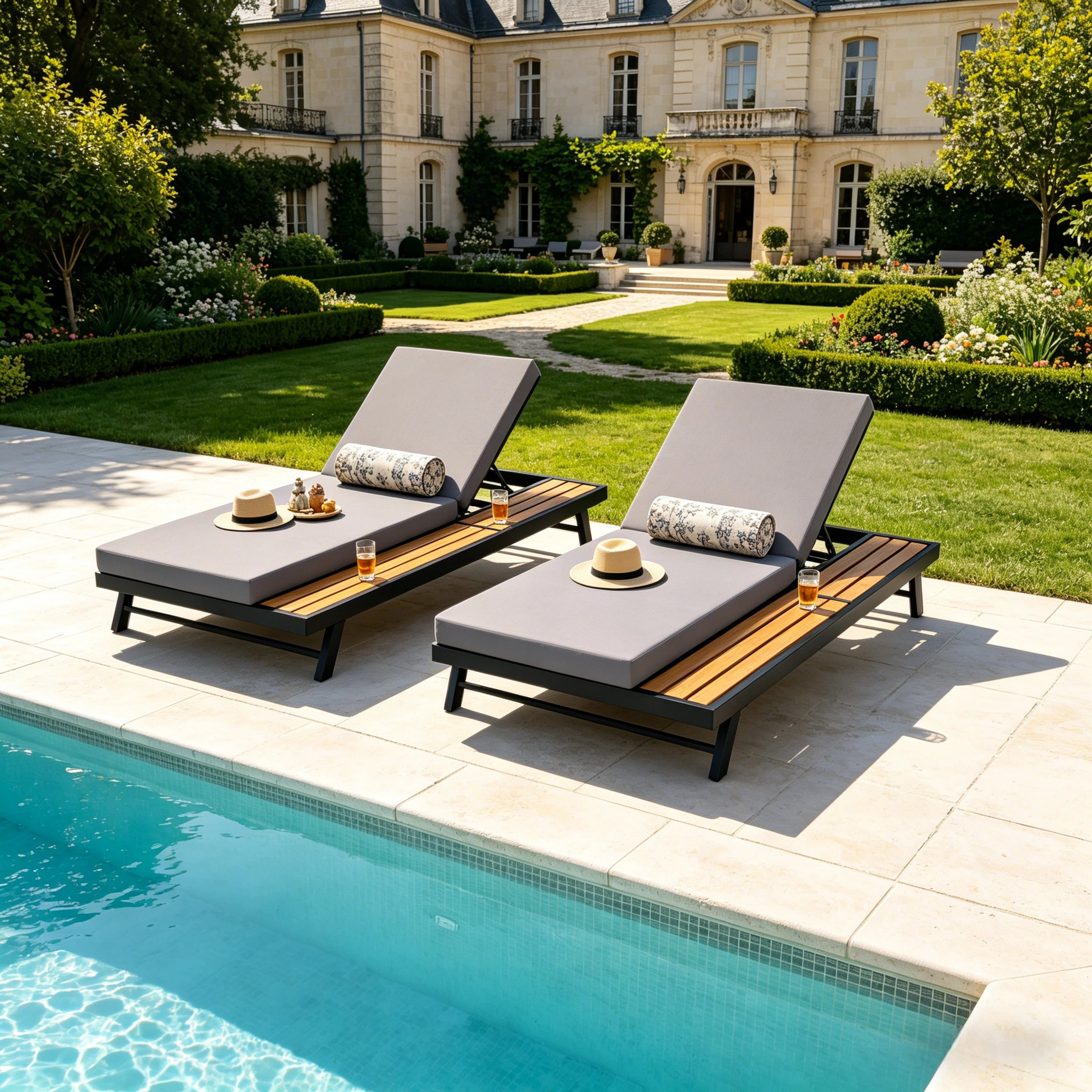Black Iron + Teak Finish Chaise Lounge Set with Dark Grey Cushion