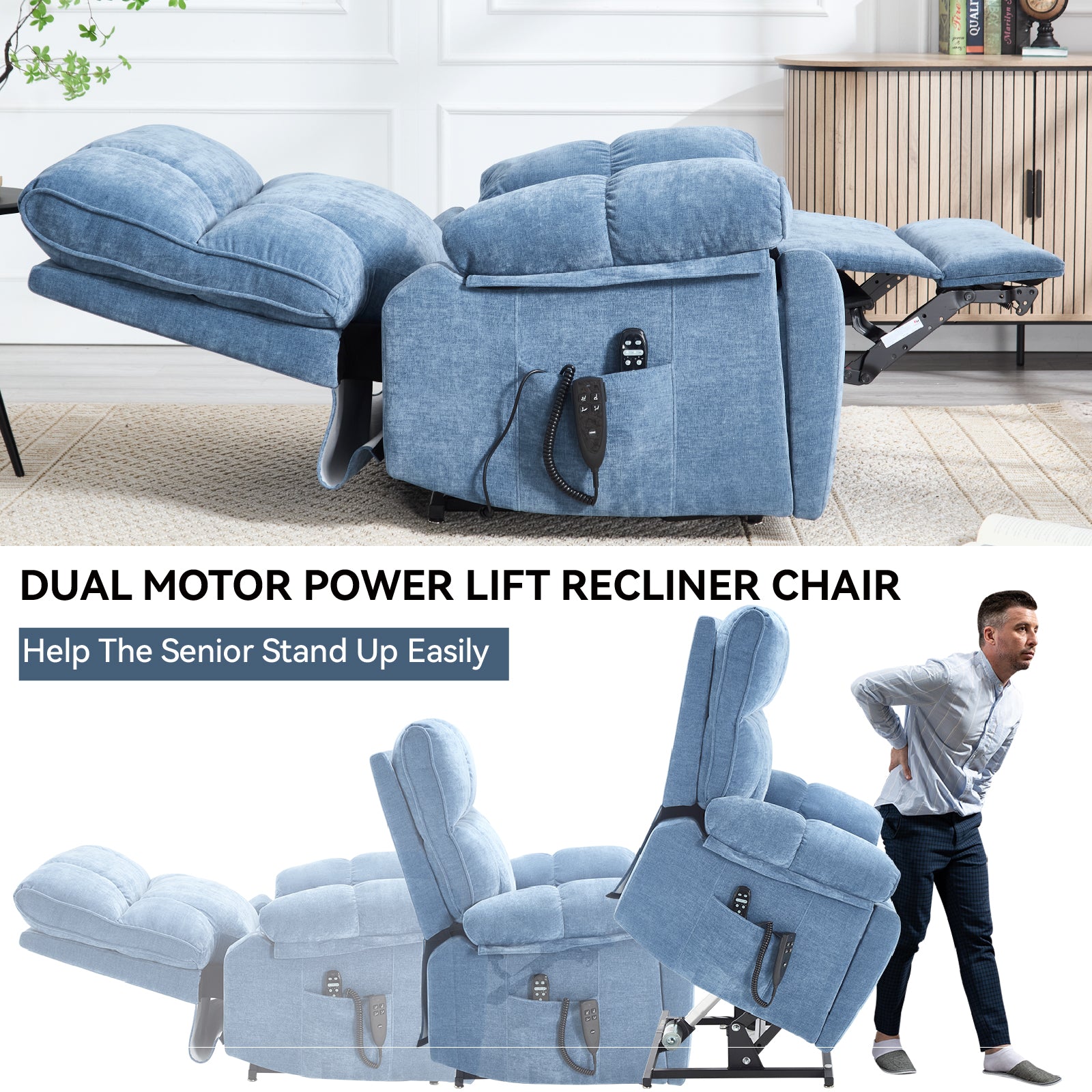 Blue Heat Massage Dual Motor Electric Power Lift Recliner