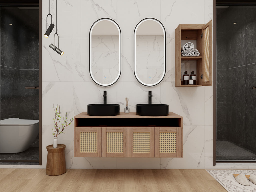 48" Bathroom Vanity with 2-Ceramic Art Sink and Side Cabinet