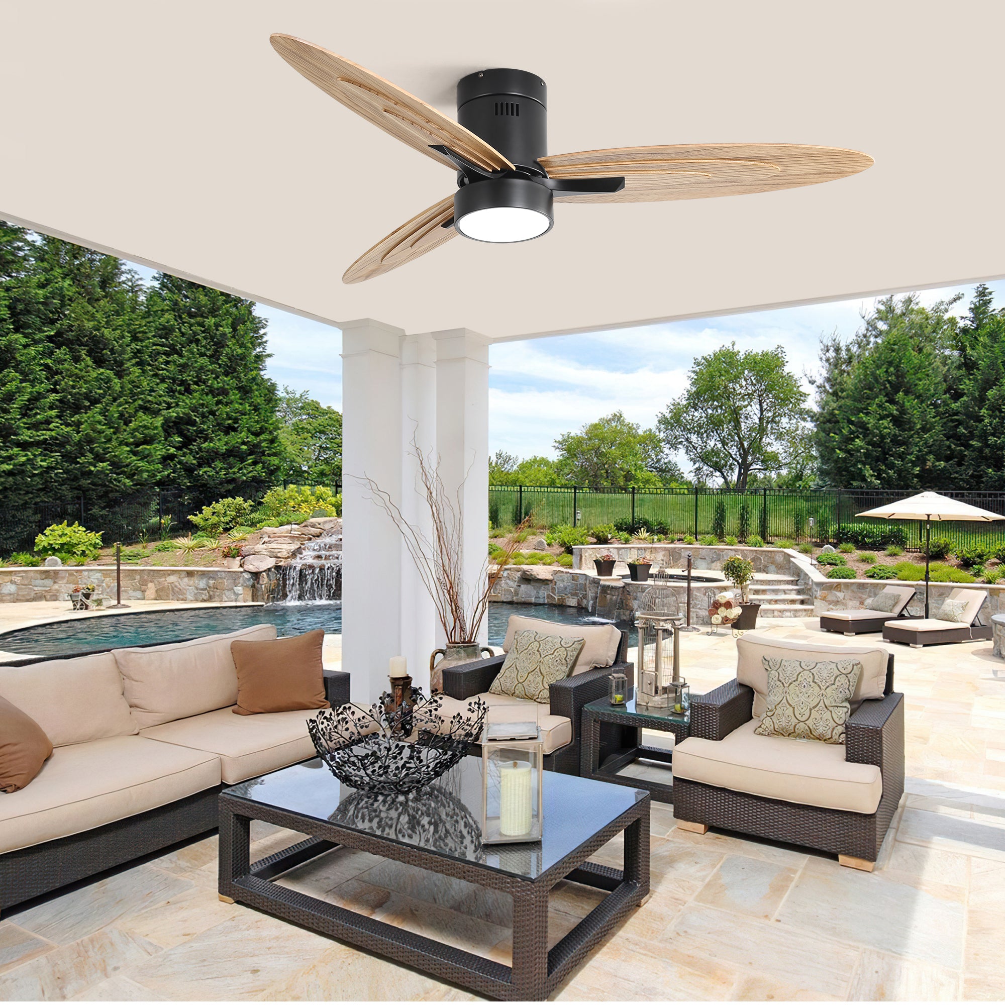56 Inch Modern Design Flush Mount Ceiling Fan with Light and Remote Control