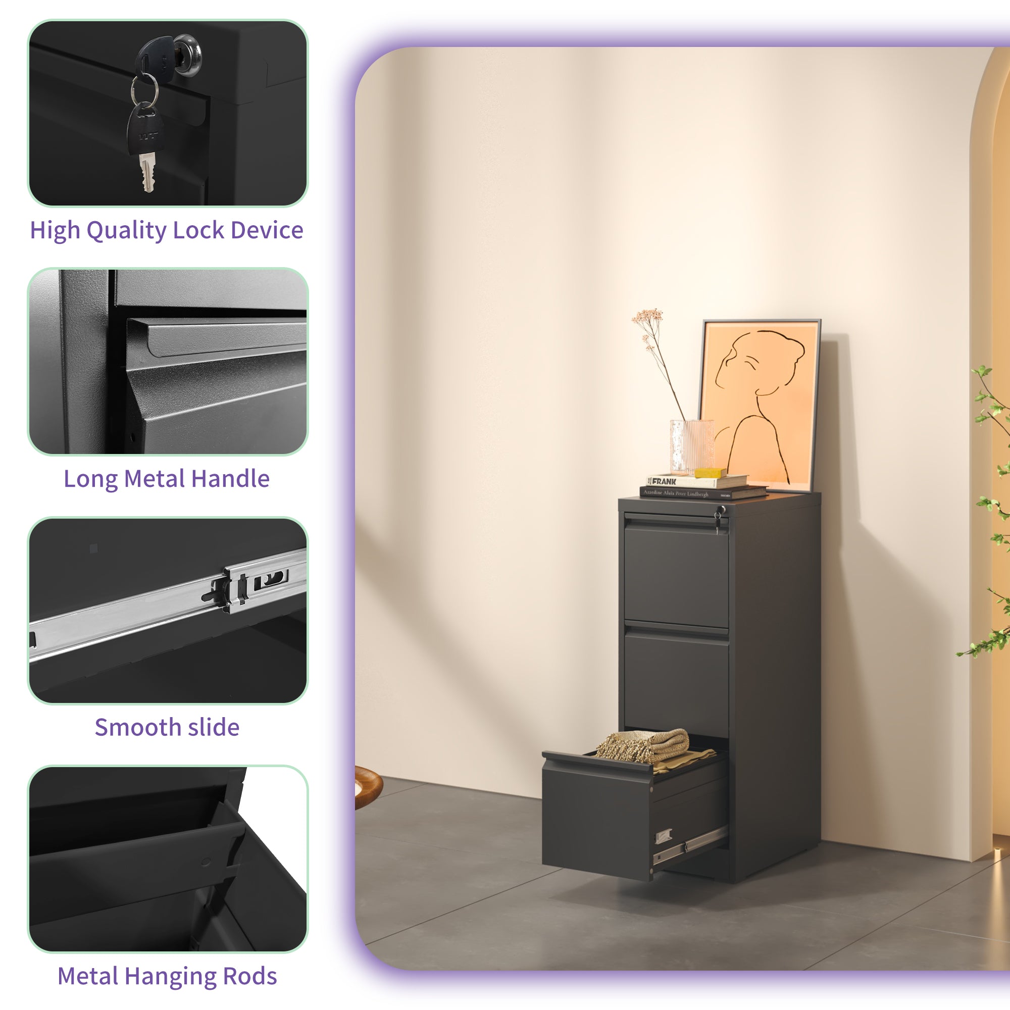 3 Drawer Metal Vertical File Cabinet with Lock