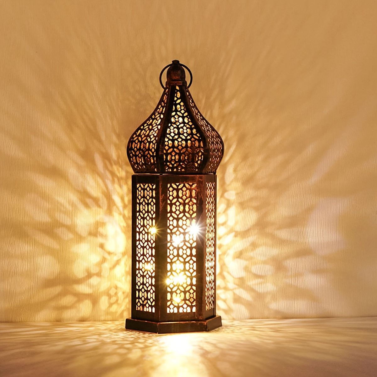 Moroccan LED Lantern Rustic Vintage Metal Table Lamp for Home Decor Boho Style