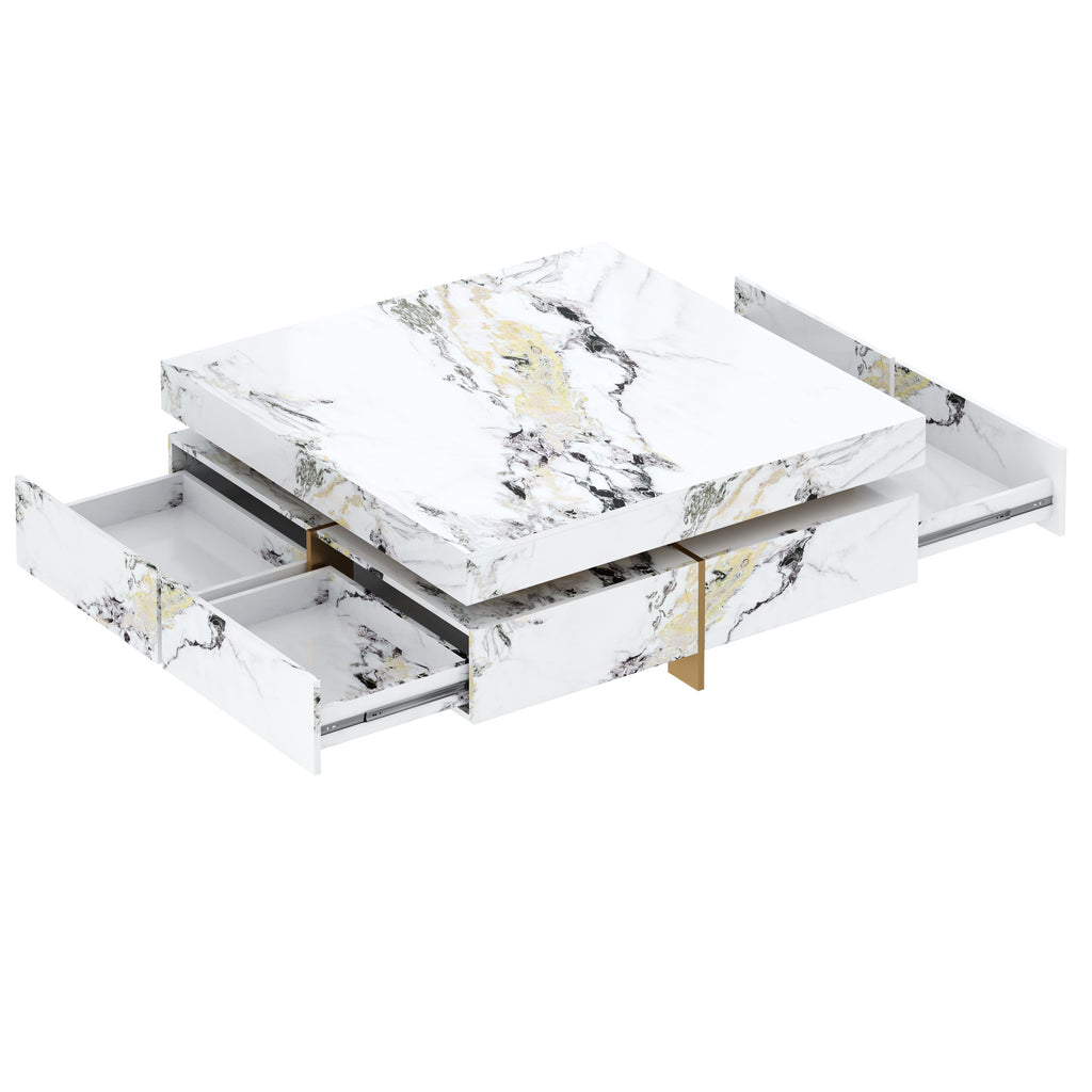 Modern Square Marble Textured Coffee Table with 4 Drawers