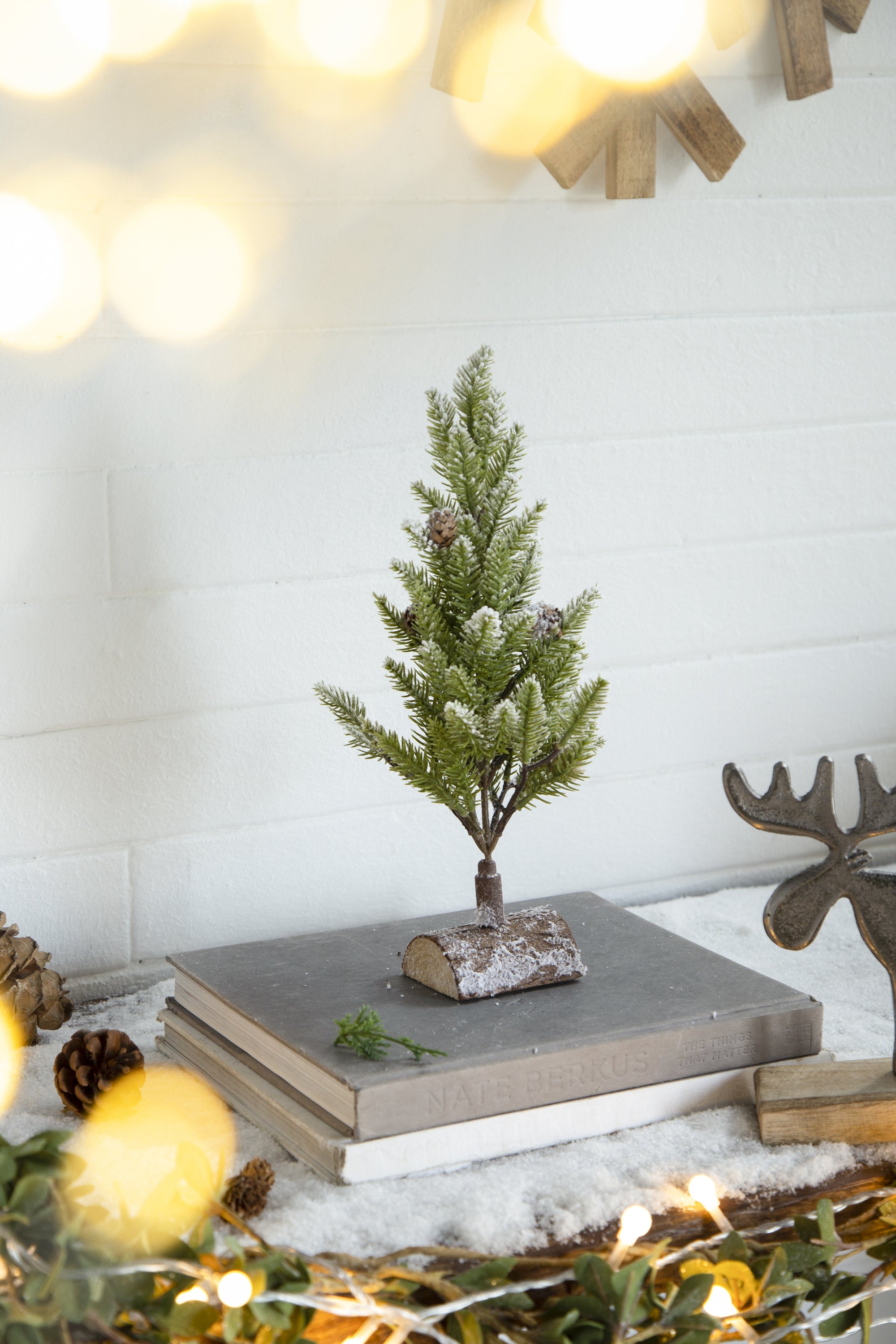 Set of 2, 13.5" Christmas PVC Tree On Wood Base With Snow