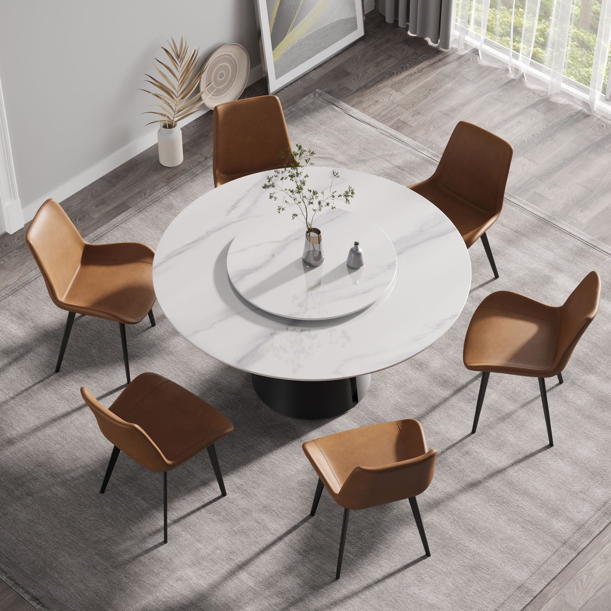 Modern Artificial Stone Round Carbon Steel Base Dining Table, Can Accommodate 6 People, Artificial Stone Turntable