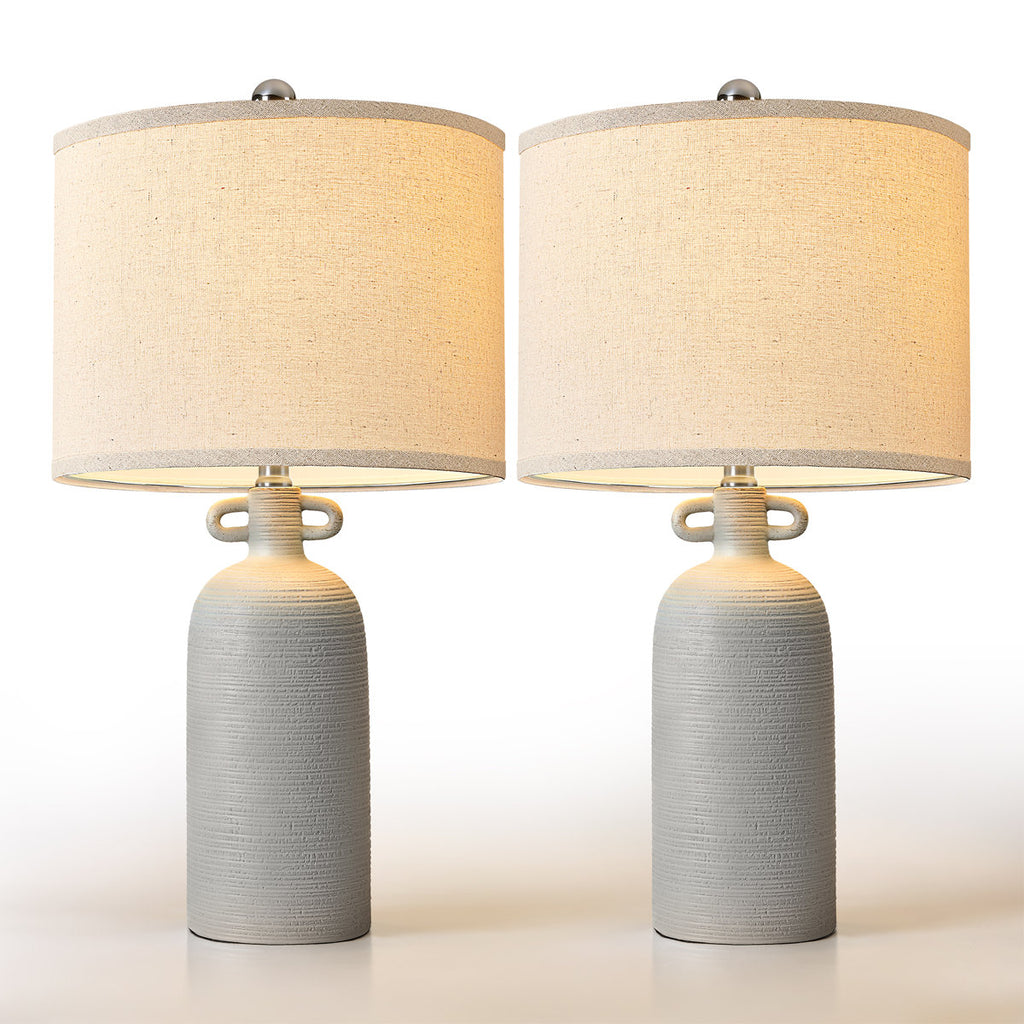 24-Inch Dimmable Ceramic Table Lamp Set with Linen Drum Shades, Gray
