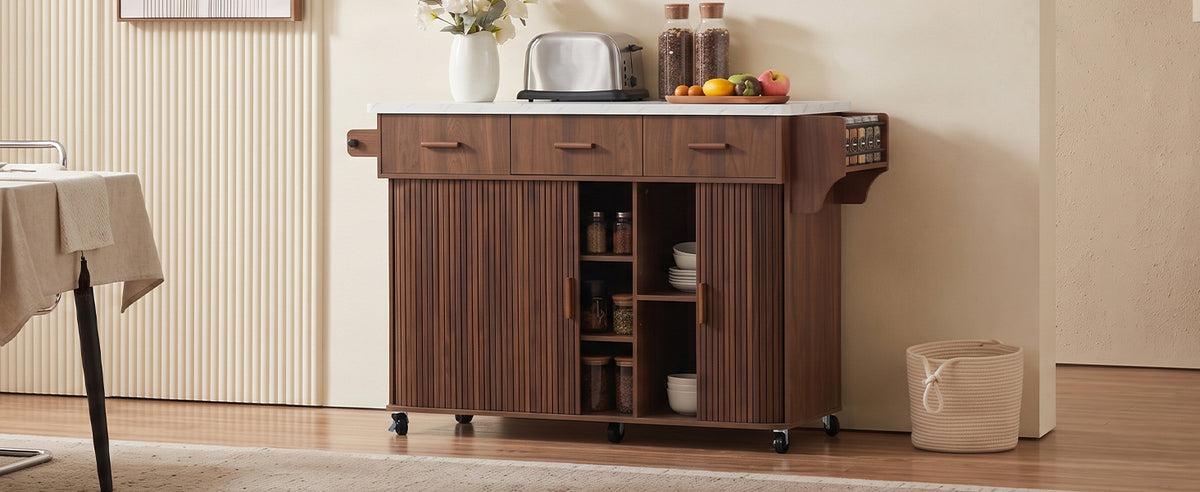 K&K 53.6" Kitchen Island with Drop Leaf, Rolling Cart on Wheels, Walnut Brown