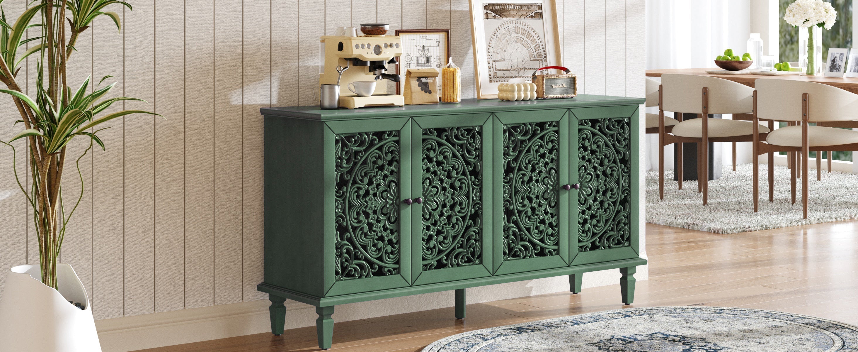 60' Antique Buffet Cabinet with Floral Carvings